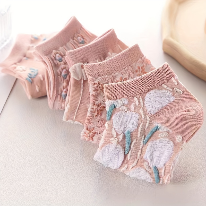 5 Pairs Women's Floral Print Ankle Socks - Pink Low-Cut No-Show Spring/Autumn Socks with Delicate Flower Patterns, Breathable & Durable for Casual & Formal Wear, Seasonal Wear Socks, Durable Socks