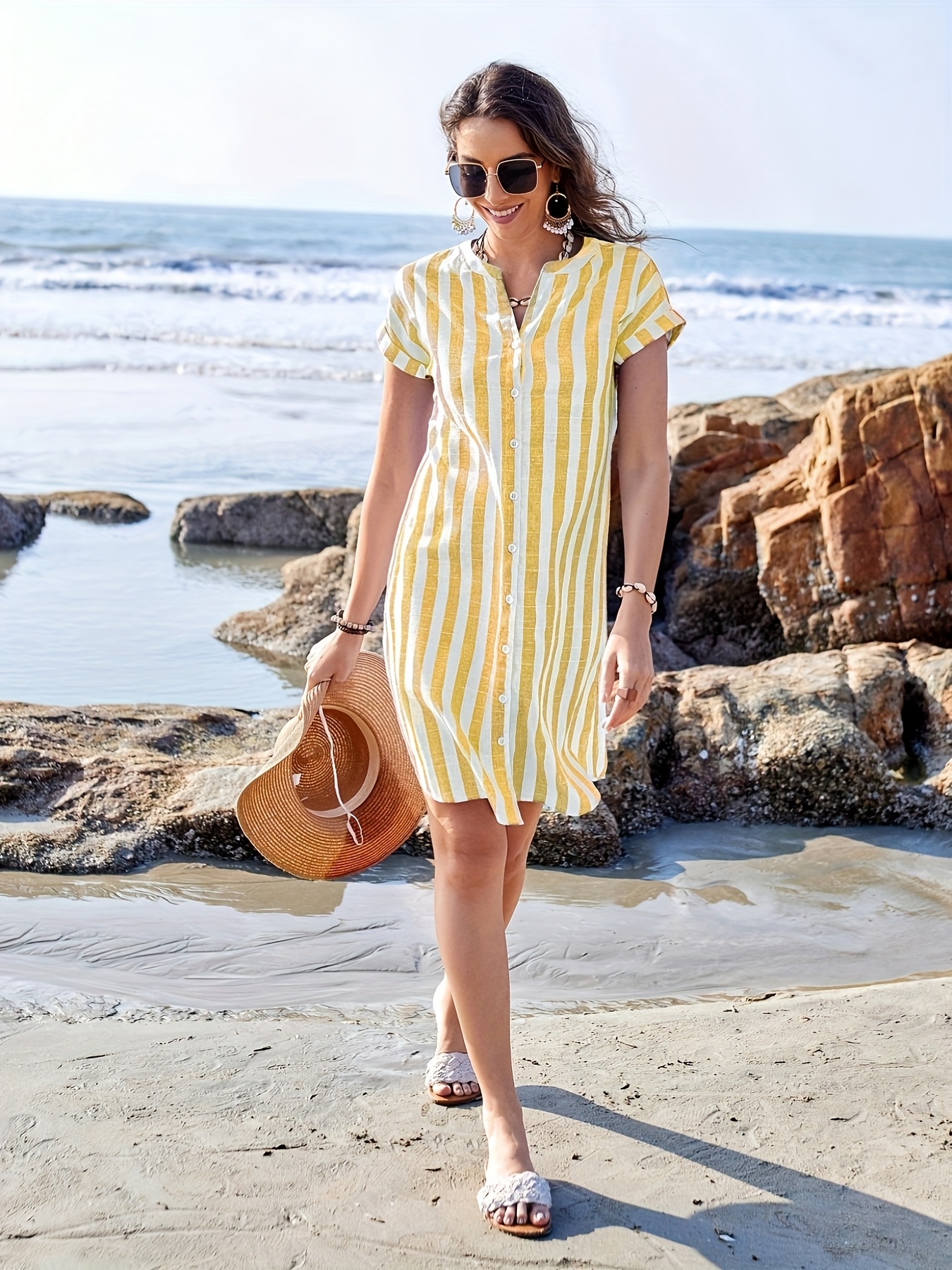 Vestido camisero de mujer 2025 */verano y manga corta, cuello  botones para playa y ropa de vacaciones, ropa