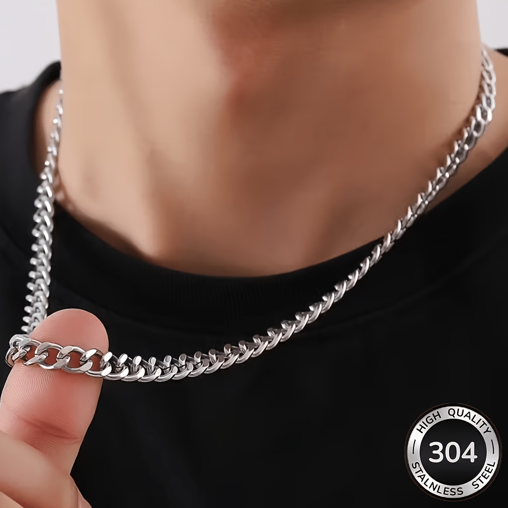 Image of 304 304 304 Stainless Steel Cuban 's Necklace, Anti-tarnish Anti-allergic Cuban Chain, Durable Silvery Tone Hip-hop Men' Daily Wear Anniversary Birthday Jewelry Gift