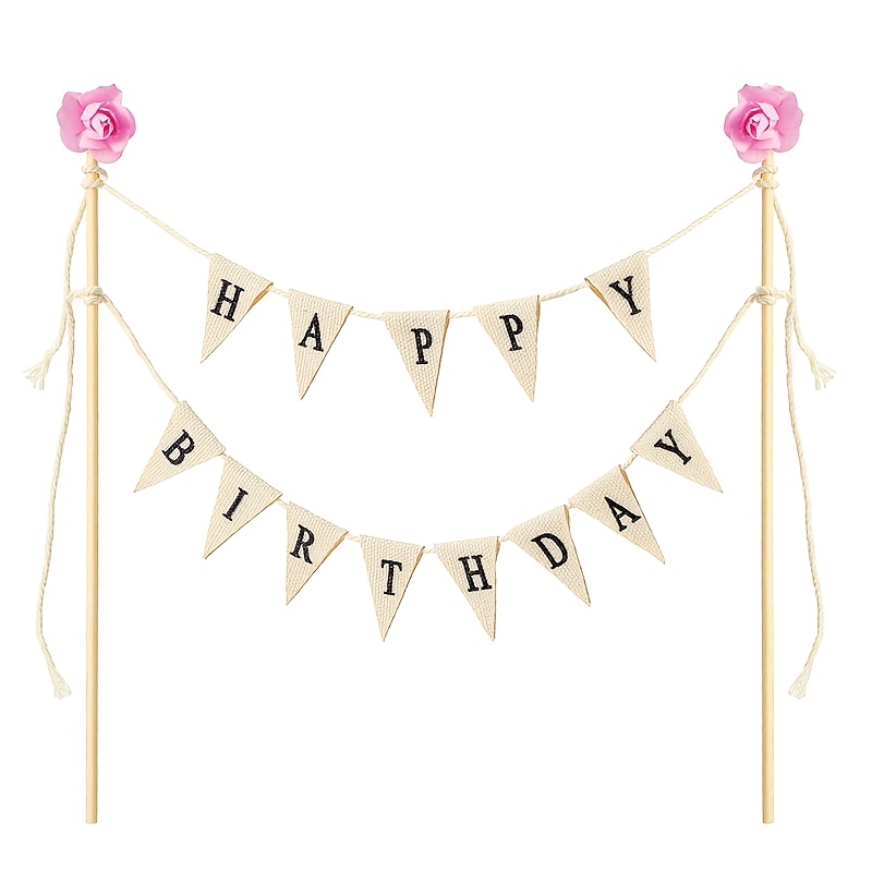 Image of Happy Birthday Cake Bunting Topper Cake Topper Garland, Handmade Pennant Flags With Wood Pole Ivory (with Pink Rose), Halloween, Christmas