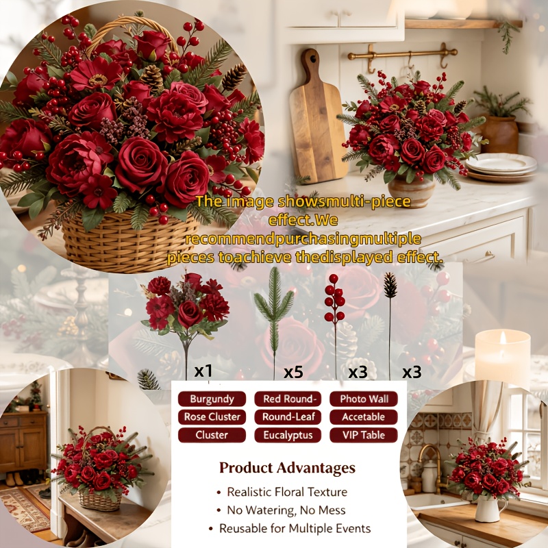TEMU 12pcs Set - European And Vintage Style - Christmas Floral Arrangement - Burgundy Mixed Roses With Pine Branches And Red Berries, Etc. Suitable