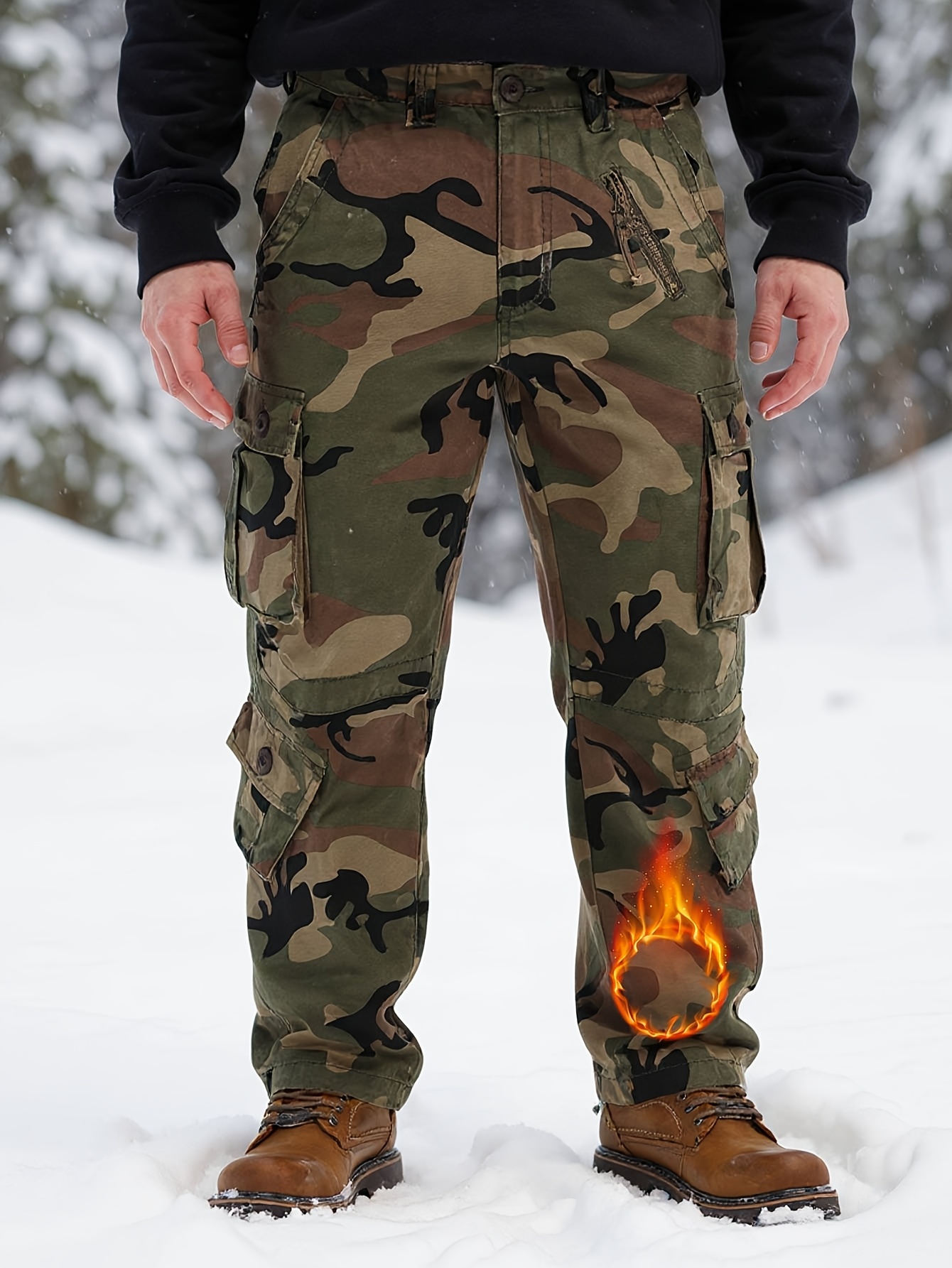 mens winter lined outdoor cargo pants casual work ski hiking pants with 8 pockets no belt