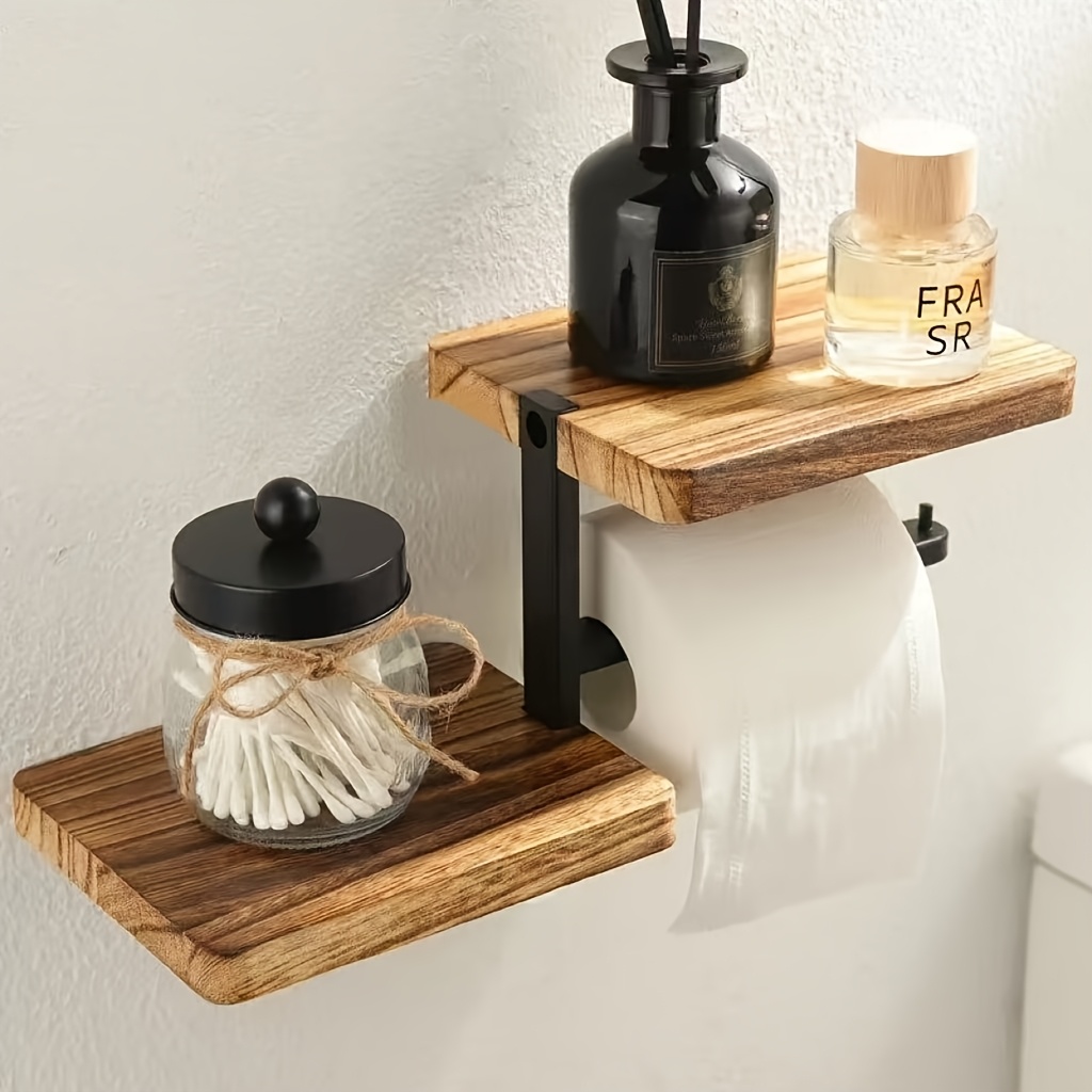 Image of Kitchen And Bathroom Wall-mounted Tissue Holder, Solid Wood And Iron Craft Storage Shelf, Toilet Paper Holder