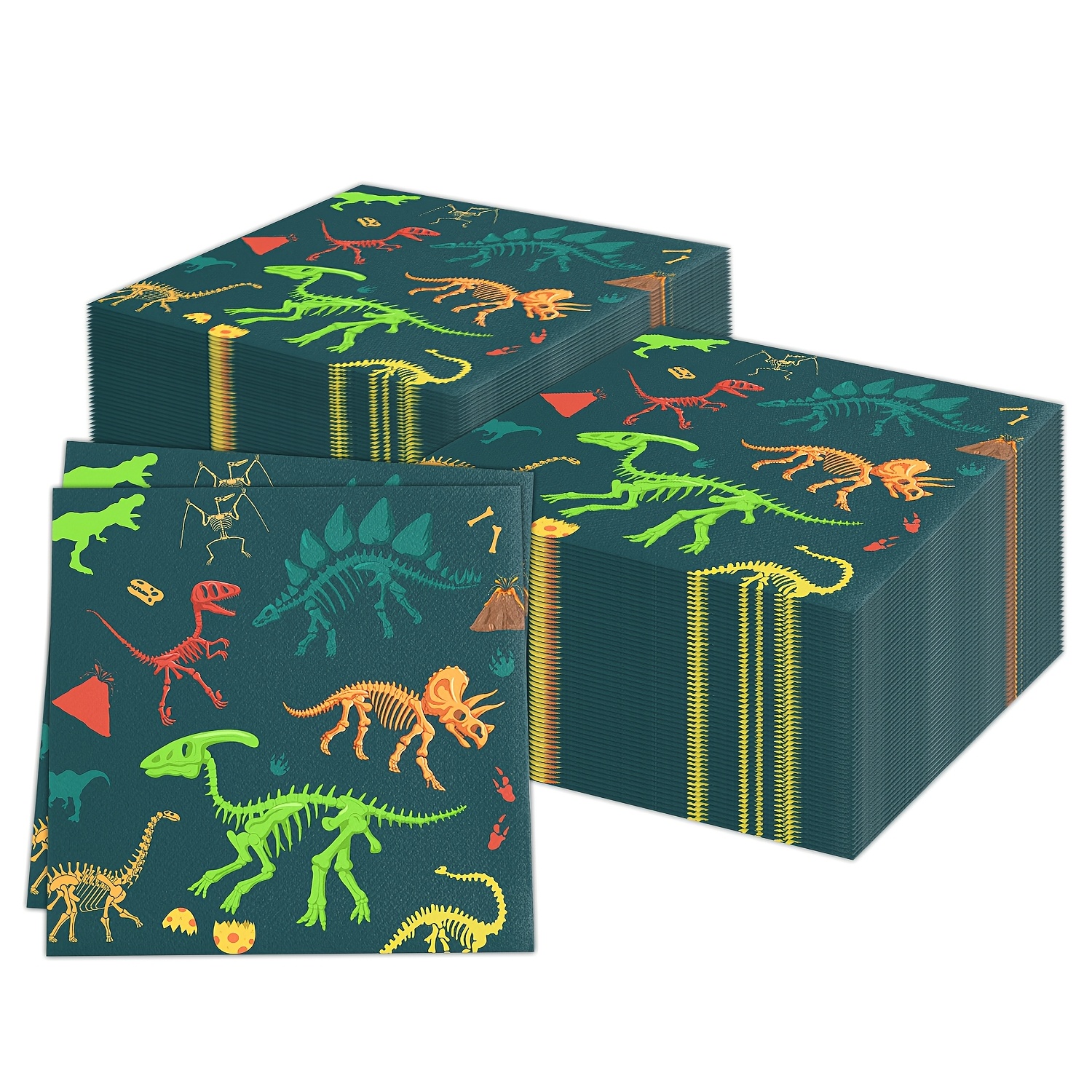 Dino Napkins - Dinosaur Fossil Skeleton Disposable Paper Napkins, Birthday Dinosaur Party Supplies, Size Folded 6.4 X 6.4 Inches, Pack Of 20