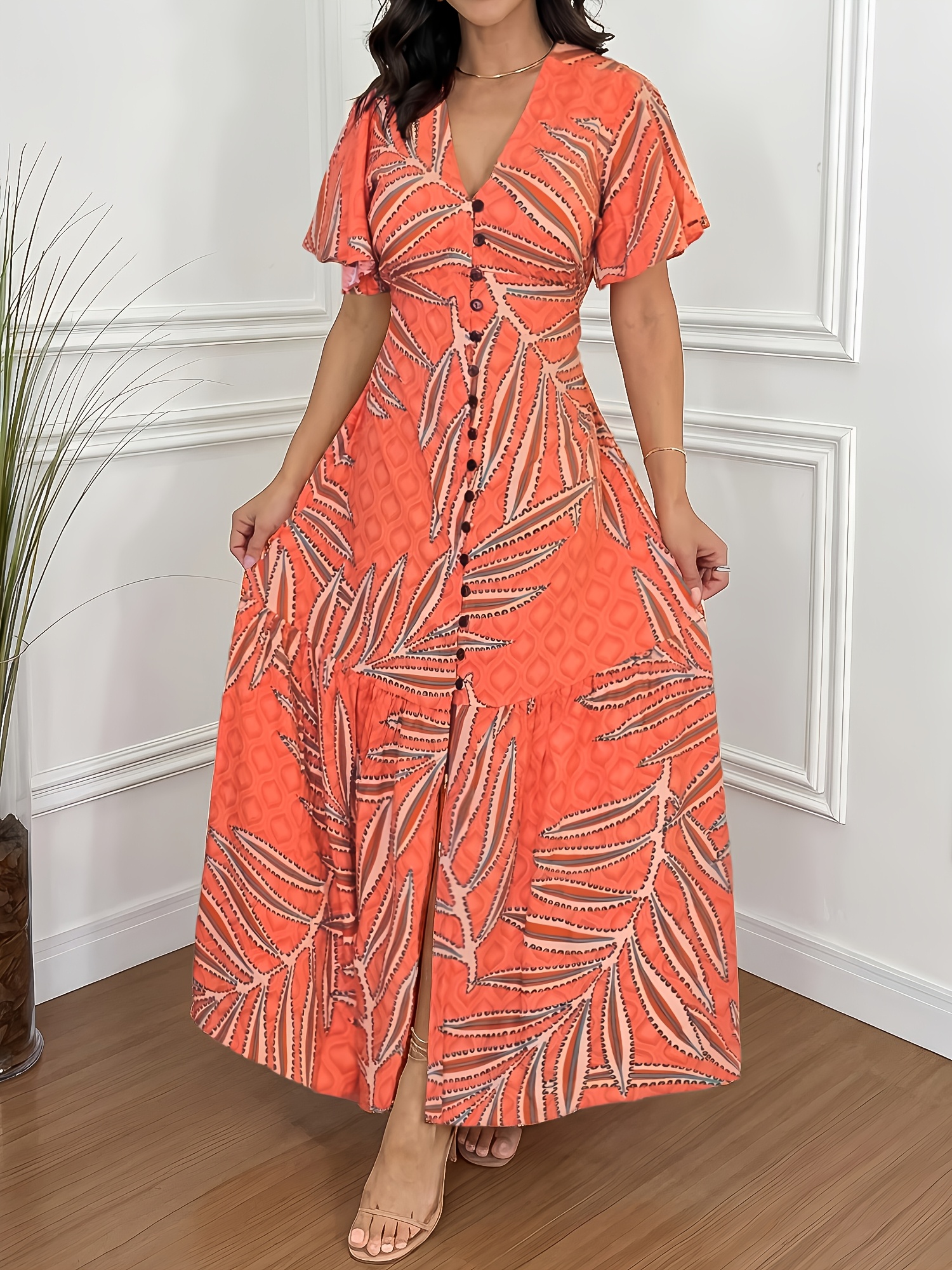 10721 womens vacation casual   sleeve cinched waist a line slit dress