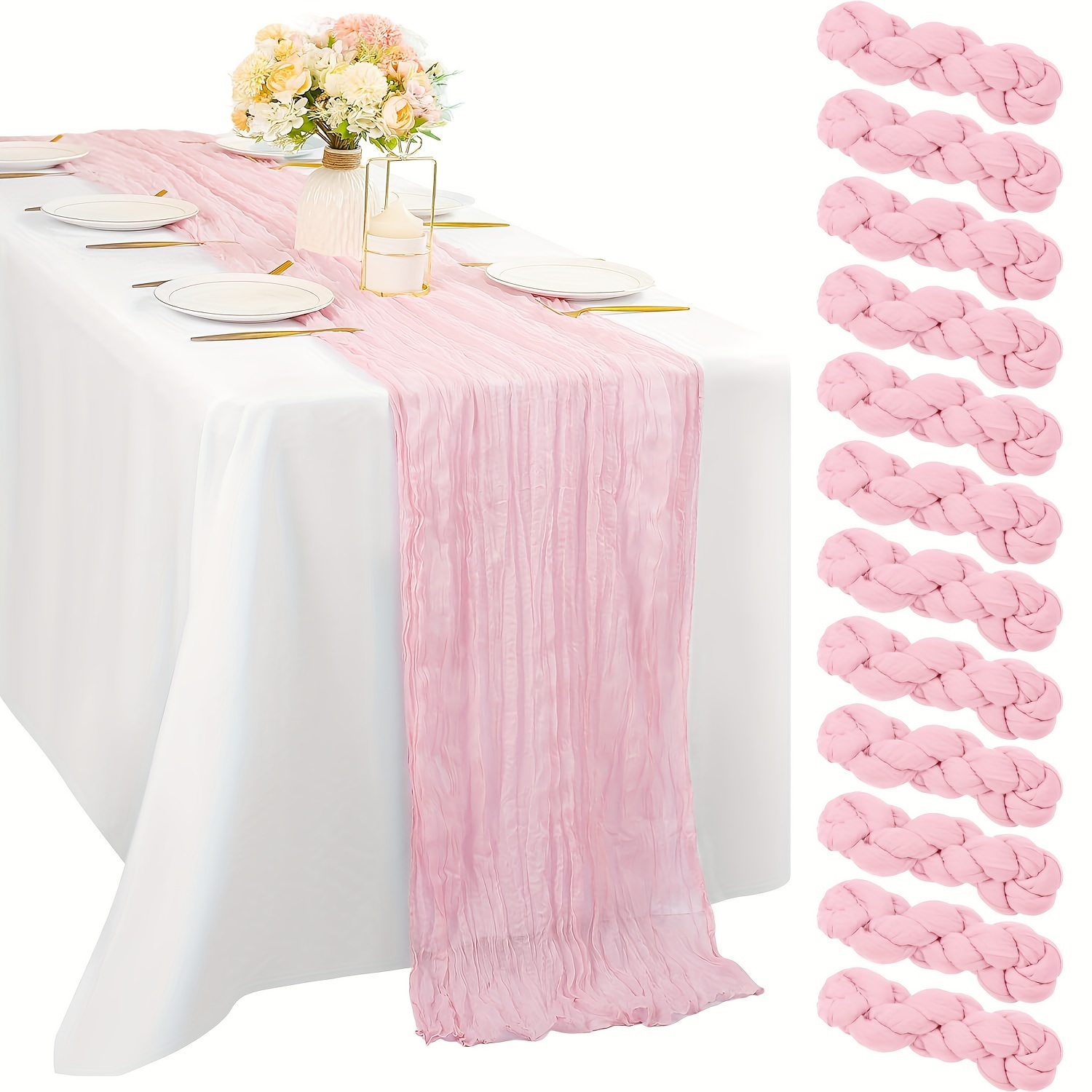 

12pcs Boho Chic Pink Cheesecloth Table Runner Set - Polyester, Rectangular, Weddings, Bridal Showers, Birthdays & Valentine's Day Decorations