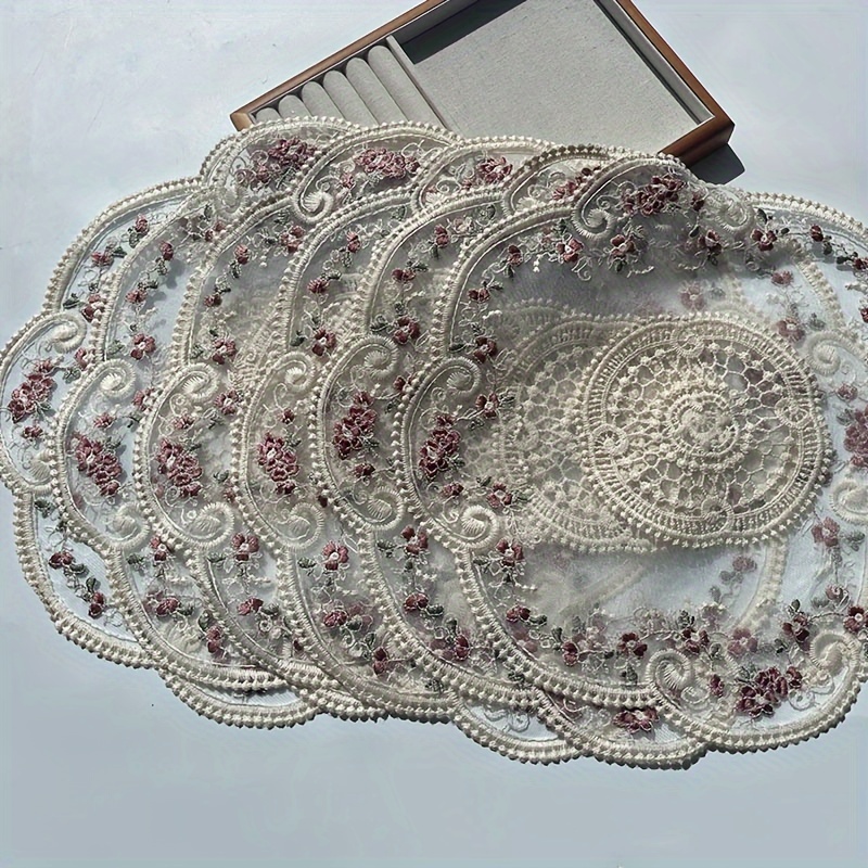 TEMU 4/6pcs European Vintage Lace Embroidered Table Placemats, Polyester Woven Rectangular Decorative Mats, Hand Wash Only, Photo Prop Decor