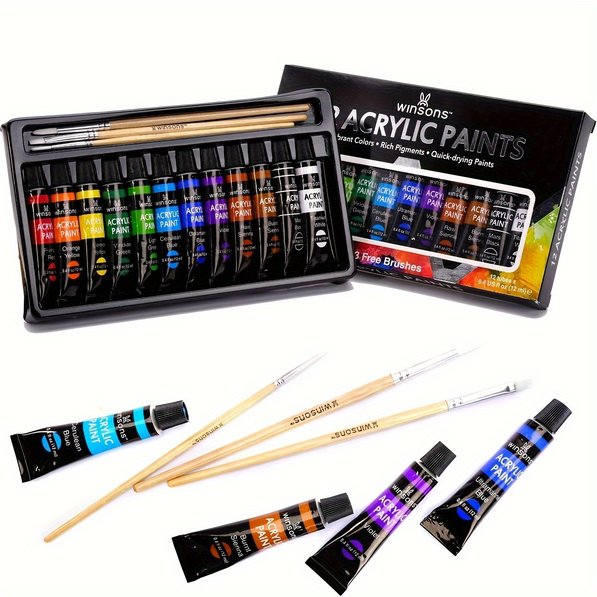 

12 Colors Acrylic Paint Set With 3 Bonus Brushes (12 Ml/ 0.4 Oz Tubes), Premium Art Painting Supplies For Students, And Adults