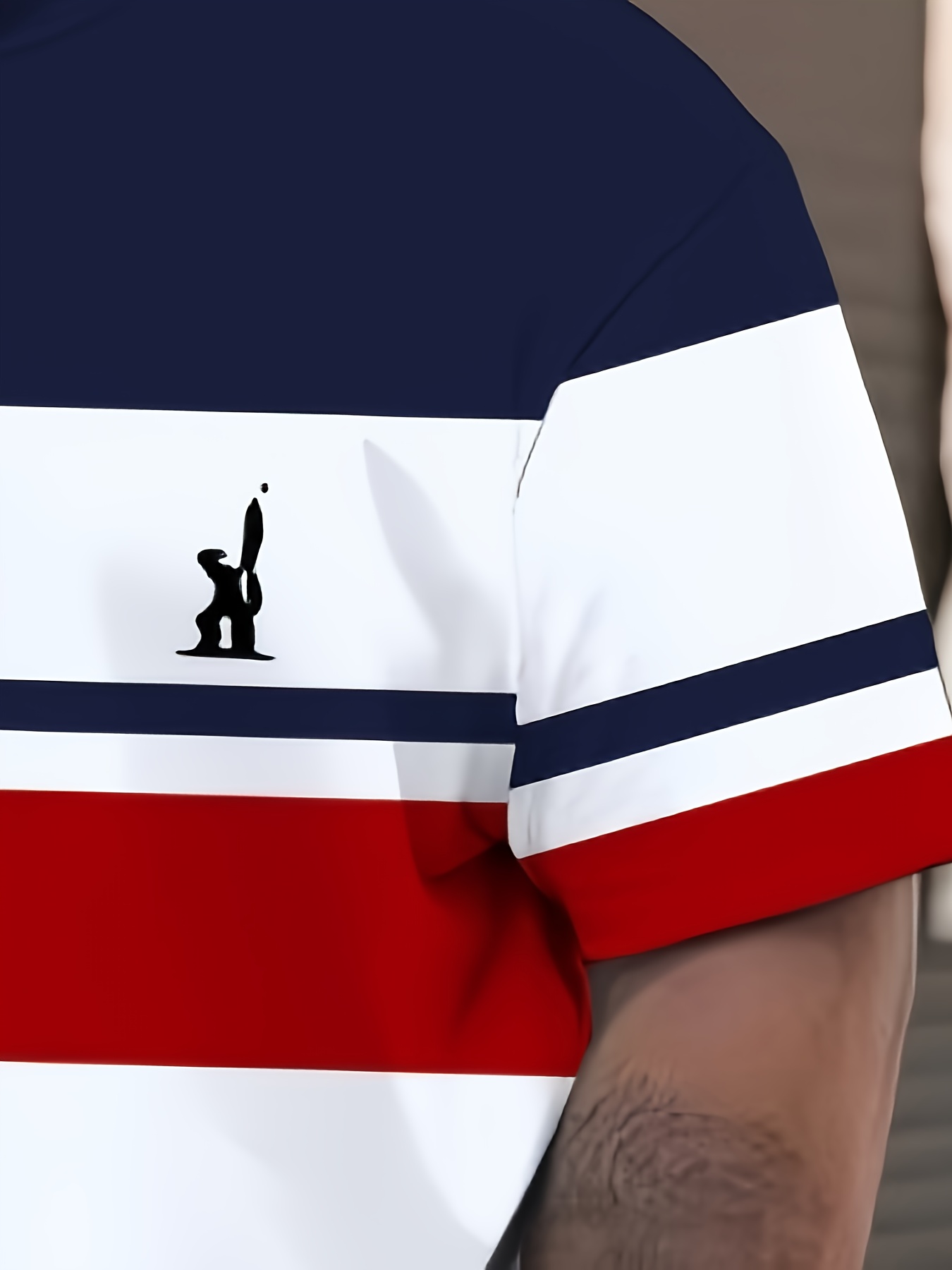 Plus Size Men's 3D Graphic Tee - Casual & Sporty, Navy Blue/White/Red Striped Print, Round Neck, Short Sleeve, Polyester Blend, Machine Washable, PLUS SIZE