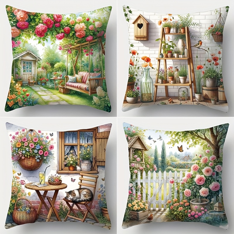 E-shop 4er-Pack Moderne Bauernhaus Blumenmuster Garten Kissenbezüge - 100% Polyester, Reißverschluss, Maschinenwaschbar, 3 Größen, Lebendiger
