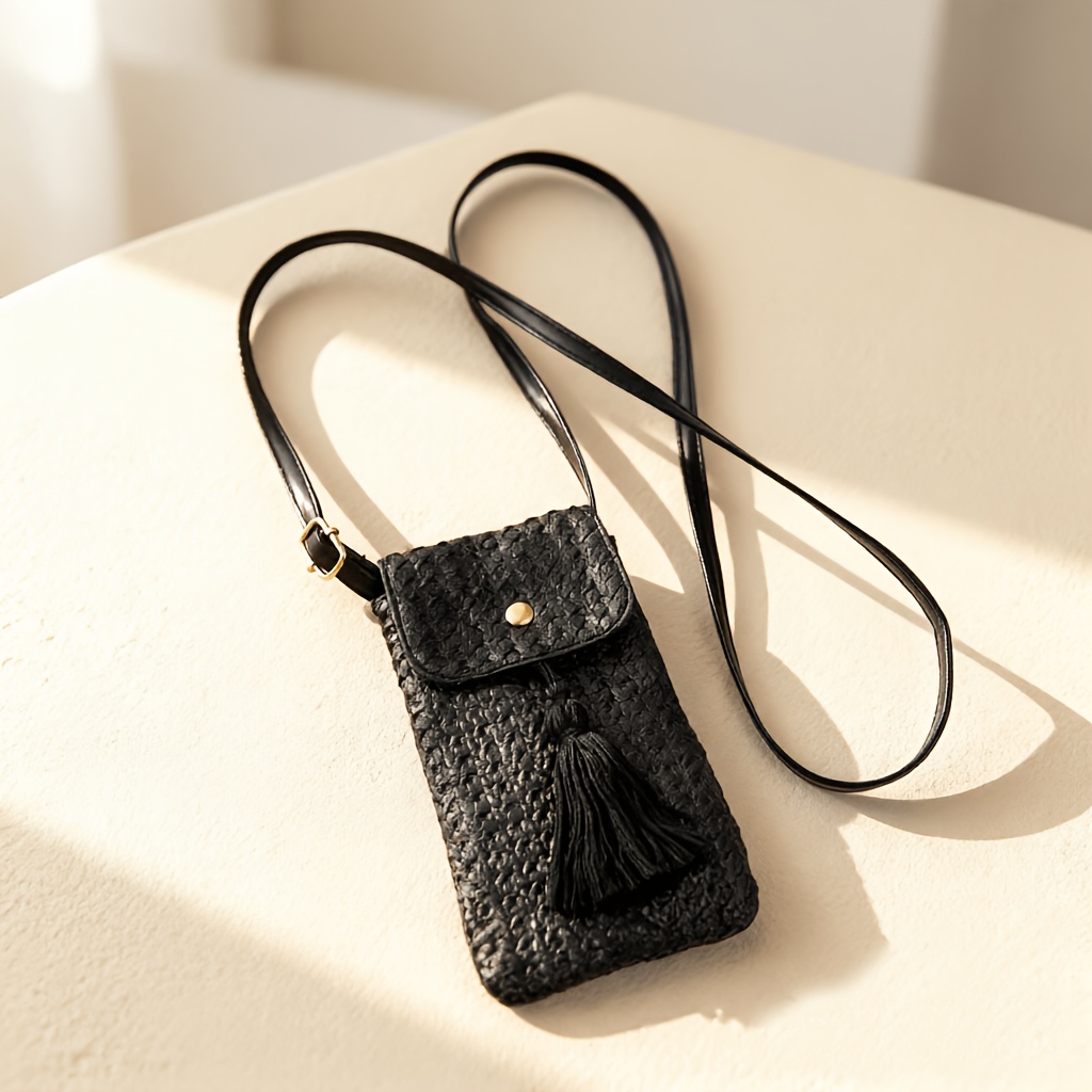 TEMU Women's Summer Straw Crossbody Bag, Mini Woven Tassel Phone Bag, Bohemian Style Vacation Beach Small Bag, Portable Coin And Key Storage Bag