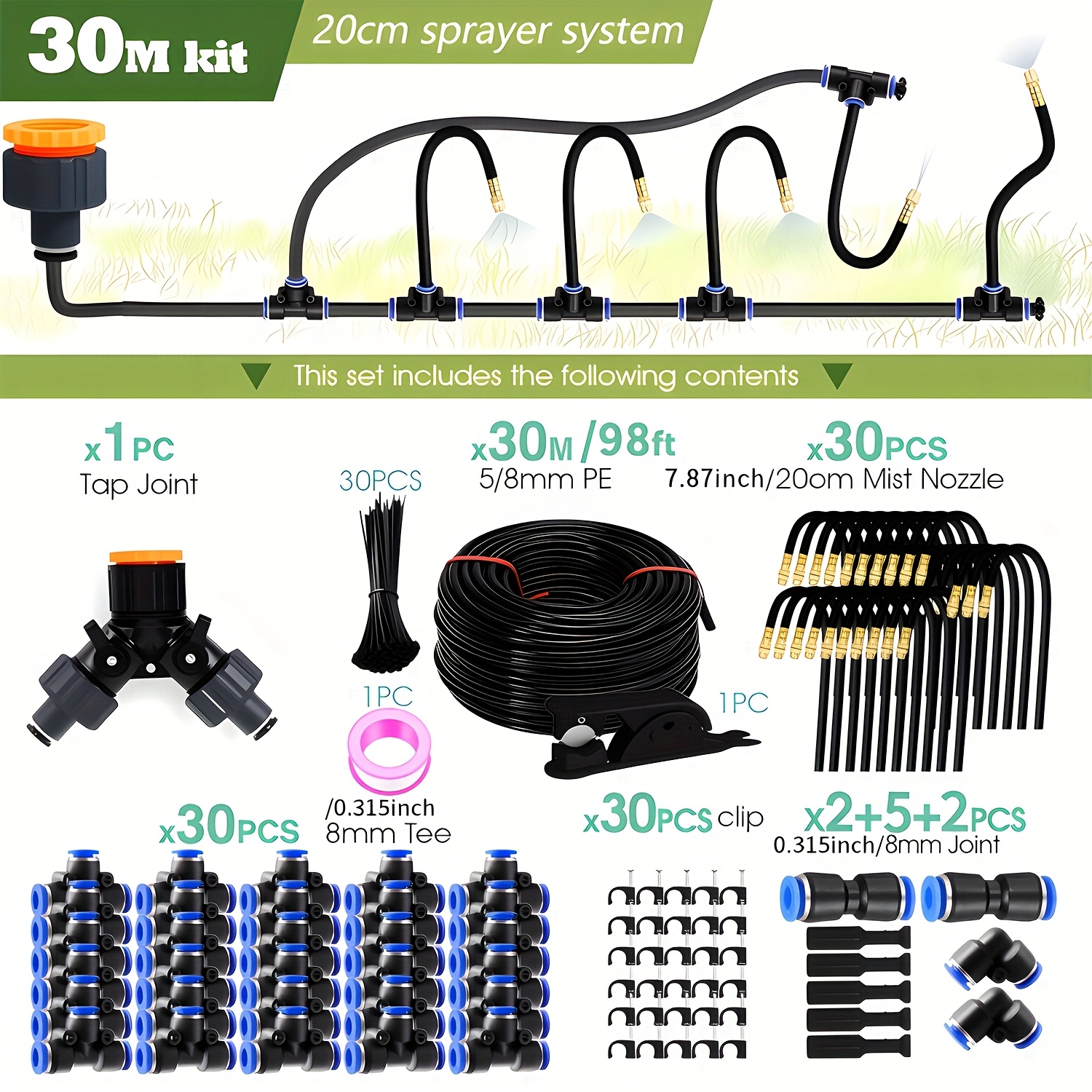 E-shop 30M-5m DIY Biegsamer Universal-Sprühset 8mm Schlauch für Garten, Pflanzenbewässerung und Kühlnebel
