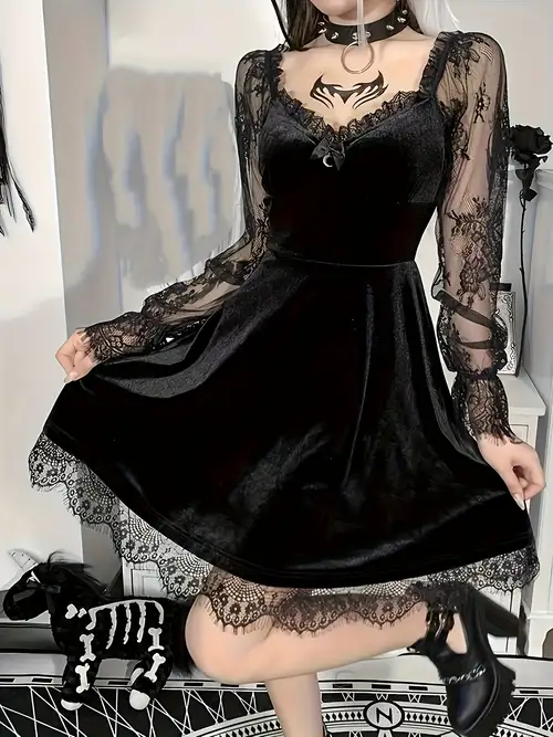 Gothic Versatile Hip-Hop Bow Small Moon Velvet Lace * Fashionable Bust-Enhancing Boat Neck Hourglass Mesh Lace Sleeve Dress, Cosplay, Cute * Graduation Ceremony Gothic Versatile Hip-Hop Bow Small Moon Velvet Lace * Fashionable Bust-Enhancing Boat Neck Hourglass Mesh Lace Sleeve Dress, Cosplay, Cute * Graduation Ceremony