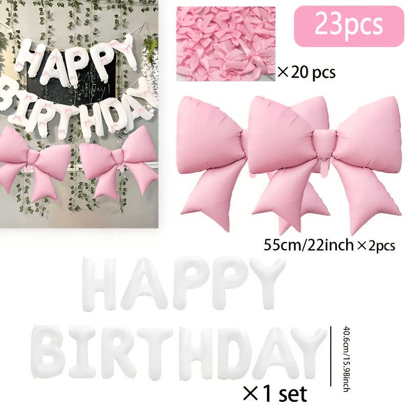 TEMU 23pcs Set, Pink Bow, White "happy Birthday" Banner Foil Balloons + Diy Pink Satin Ribbon Bow Set, Suitable For Birthday Party Decorations,