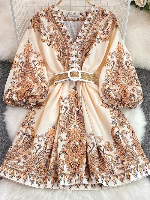 bohemian style vintage pleated dress with v neck and belt printed dress single breasted dress with lantern sleeves casual short dress for women