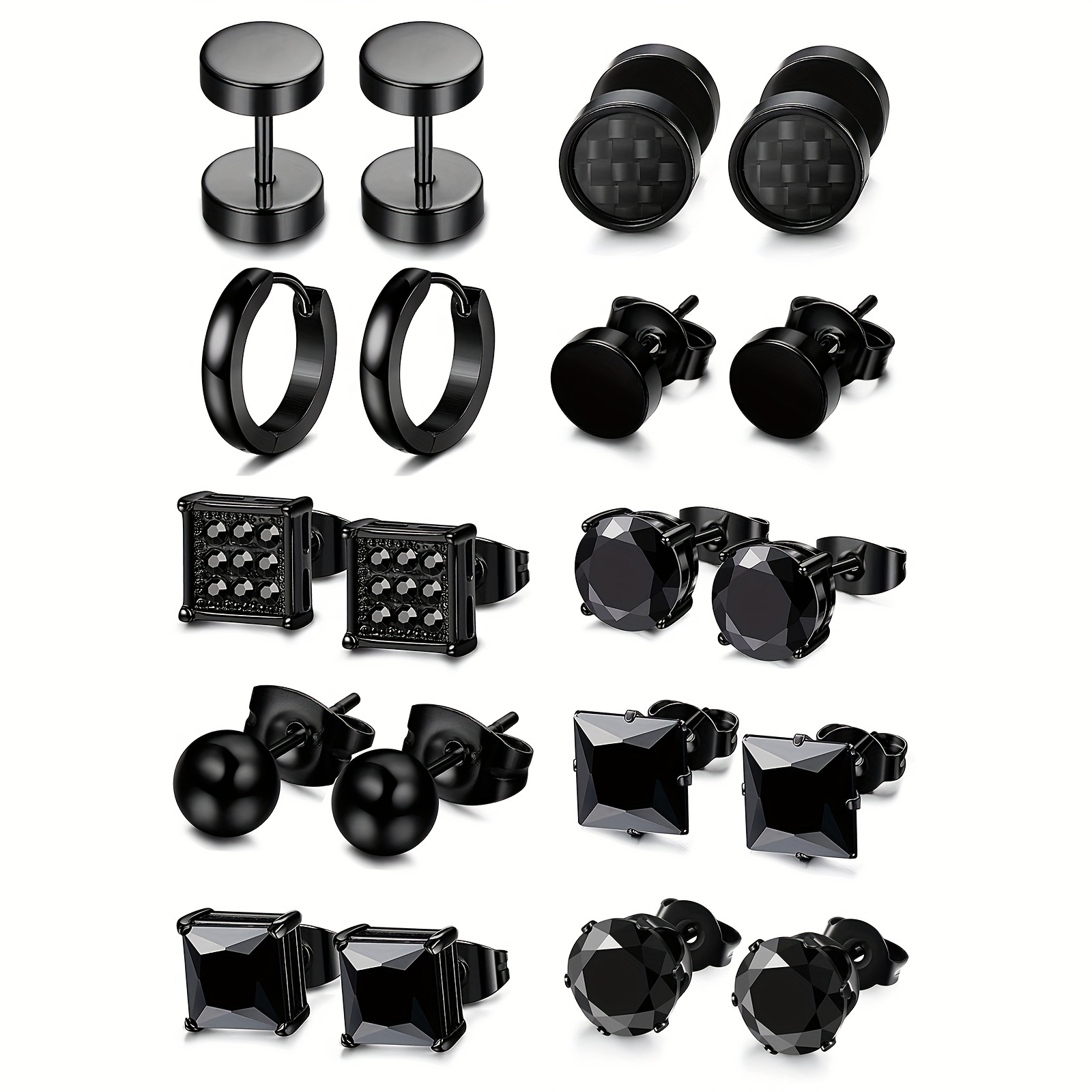 12 Pairs Men Earrings, Stainless Steel Hoop Earrings, Punk Style Stud Earrings, Earrings Set