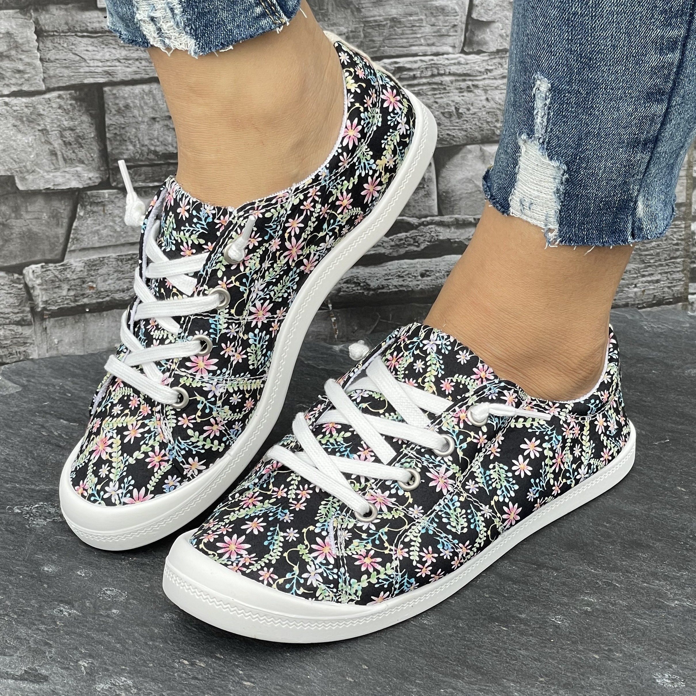 

Women' Floral Print Canvas Shoes, Casual Lace Up Outdoor Shoes, Lightweight Low Top Sneakers