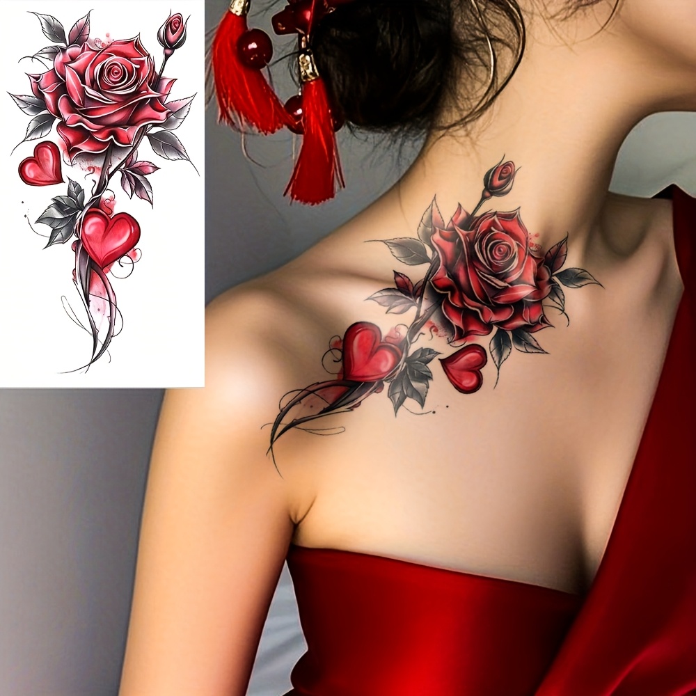 Image of 1pc Yoemtat Realistic Red Rose & Heart Temporary Tattoo Sticker Suitable For - Sheet With Easy Application, Long-lasting Body Art For Parties, Events, Covering - Temporary Fake Tattoo
