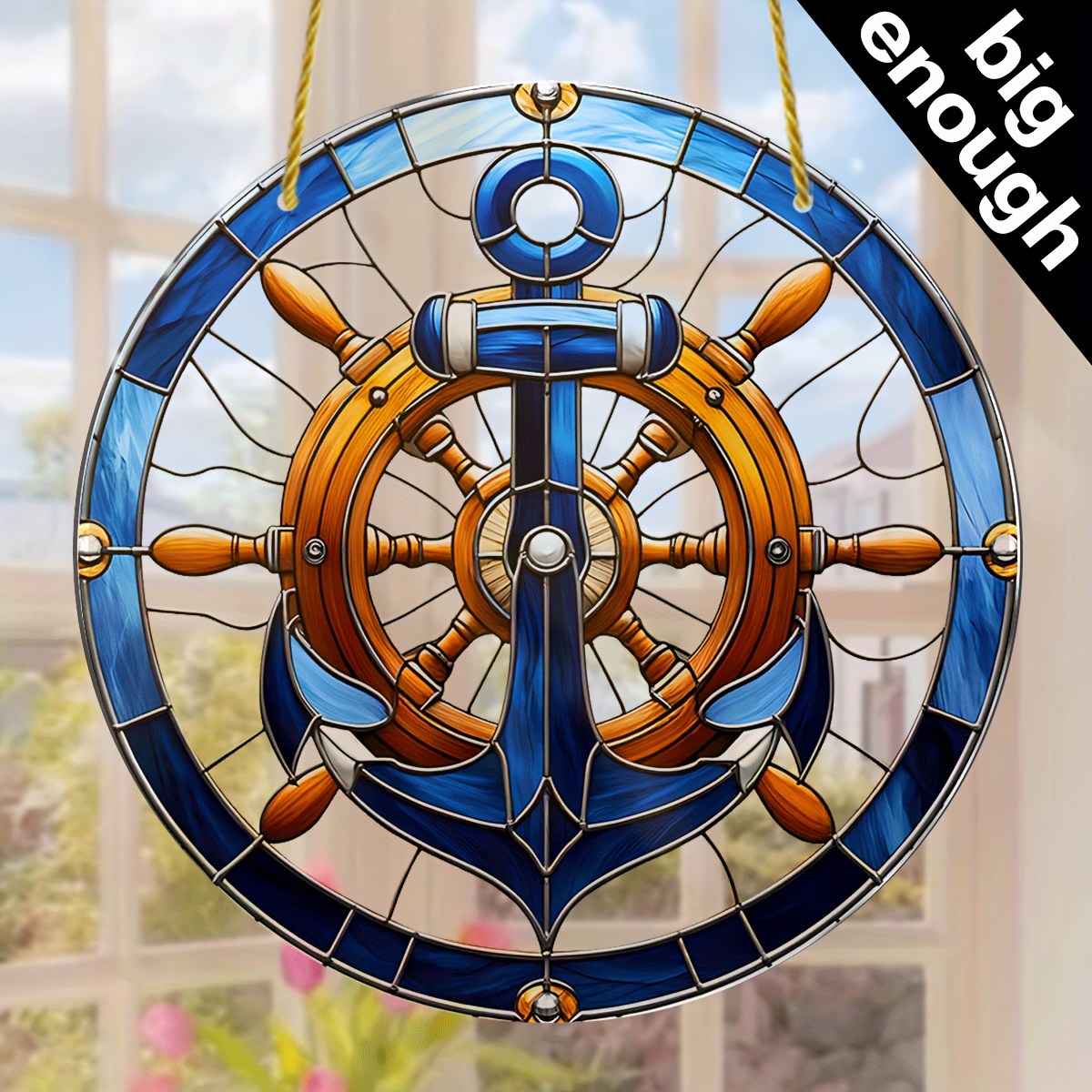 

1pc, Nautical Acrylic Stained Glass Suncatcher (9x9 Inches), Wheel & , Ideal Gift For Dad, Men's Birthday, Housewarming Creativity, Holiday Gathering Decor, Marine Decor, Unique Room Adornment