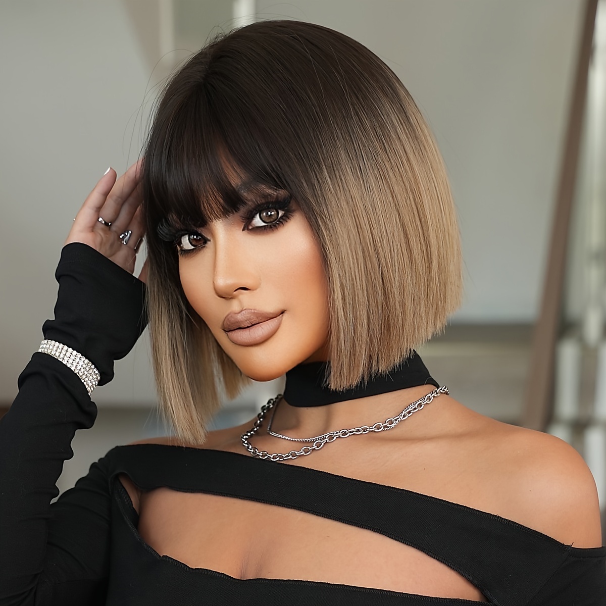 

1pc 7jhh Wigs Elegant Short Straight Bob Wig, Black Ombre Light Brown, Heat Resistant Synthetic Hair, High Density 150%, Cap, Women' Bob With Bangs, 12.2 Inches