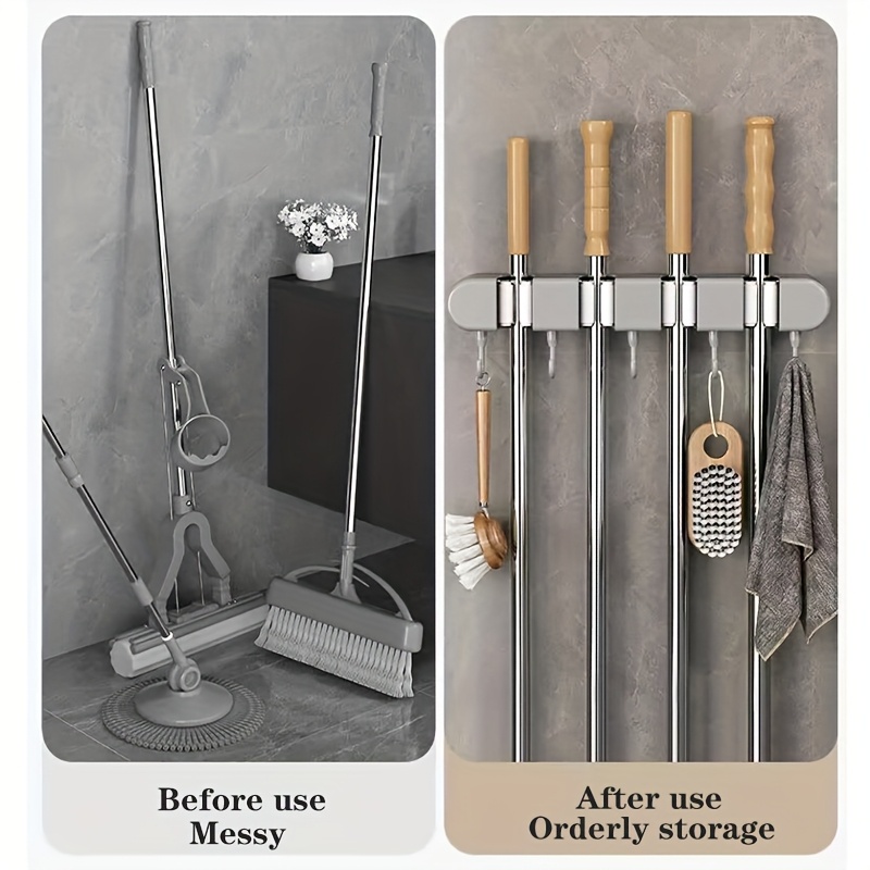 wall mounted mop and broom holder no drill   organizer with flexible silicone clips multi use plastic storage rack for bathroom   saving   sleek gray   cleaning tool holder   durable plastic rack details 6