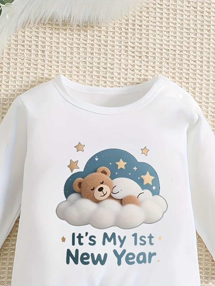 It's My 1st New Year Star Bear Pattern Printed Baby Clothes, Baby Long Sleeve Jumpsuit Spring and Autumn Baby Christmas Gift, Four Seasons Cotton Breathable, Suitable for Outdoor Wearing, Perfect for Outdoor