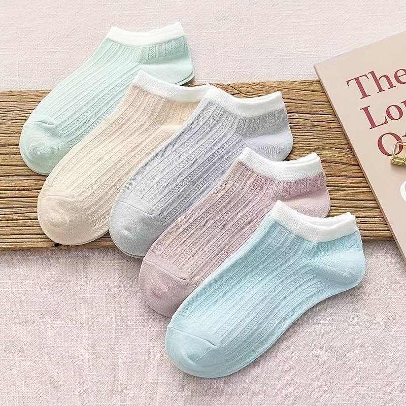 

5 Pairs Contrast Trim Socks, Sports & Breathable Ankle Socks, Women's Stockings & Hosiery