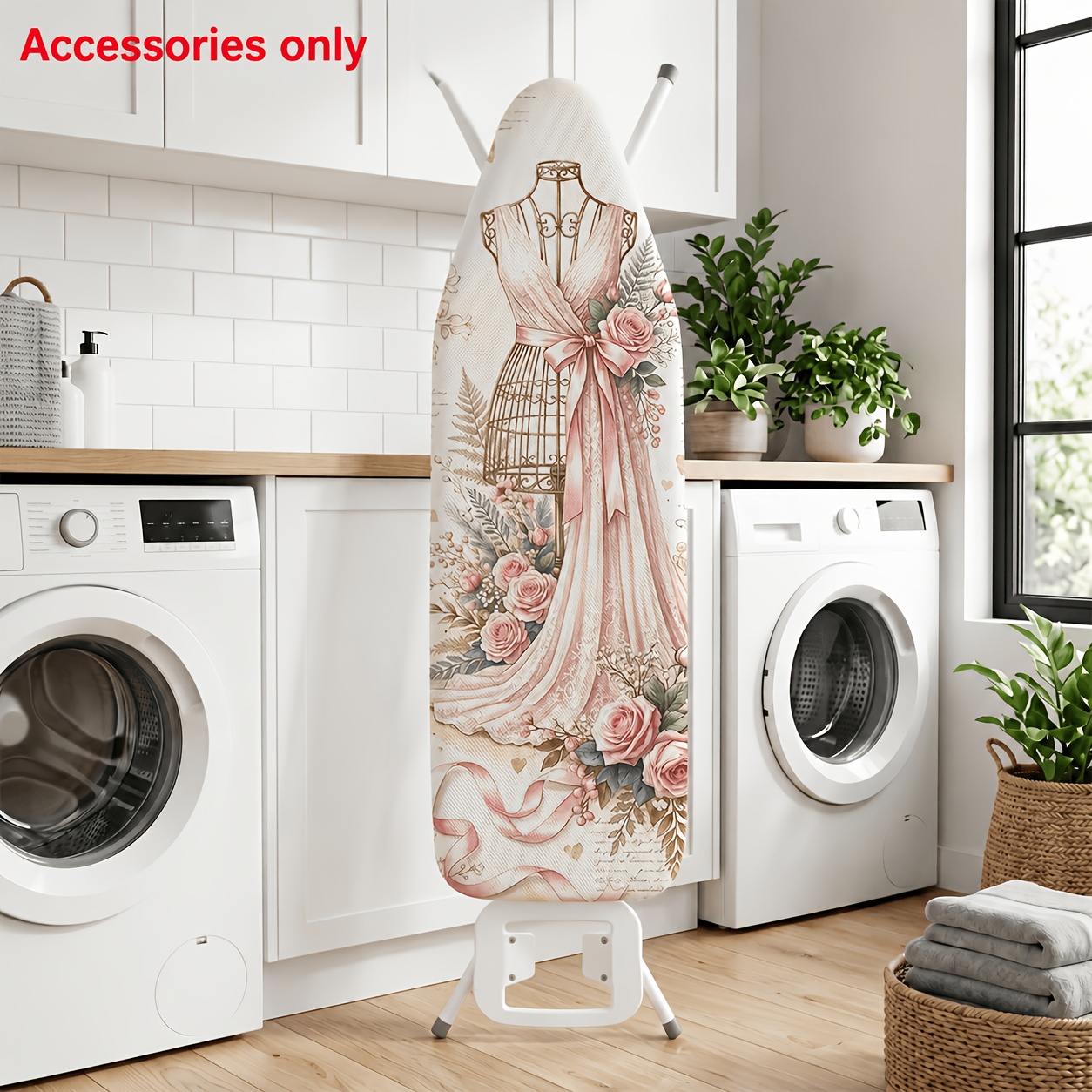 TEMU 1pc Shabby Chic Vintage Ironing Board Dress Form And Roses Elastic Edges , Durable Washable Fits, Stylish Laundry Room Home Decor Accessory,
