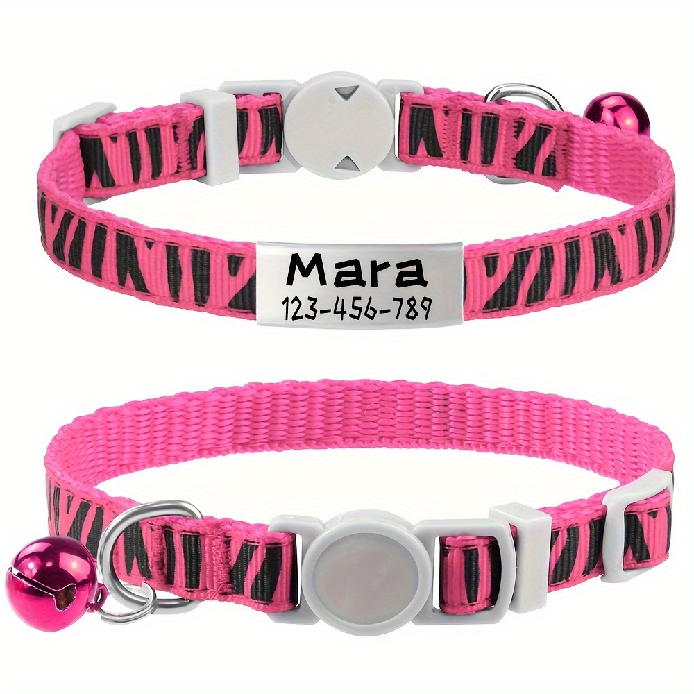 TEMU Collar Personalizado para Gatos, Collar de Nylon a Rayas con Hebilla de Seguridad Desmontable, Campana y Etiqueta de Personalizada - Ajustable,