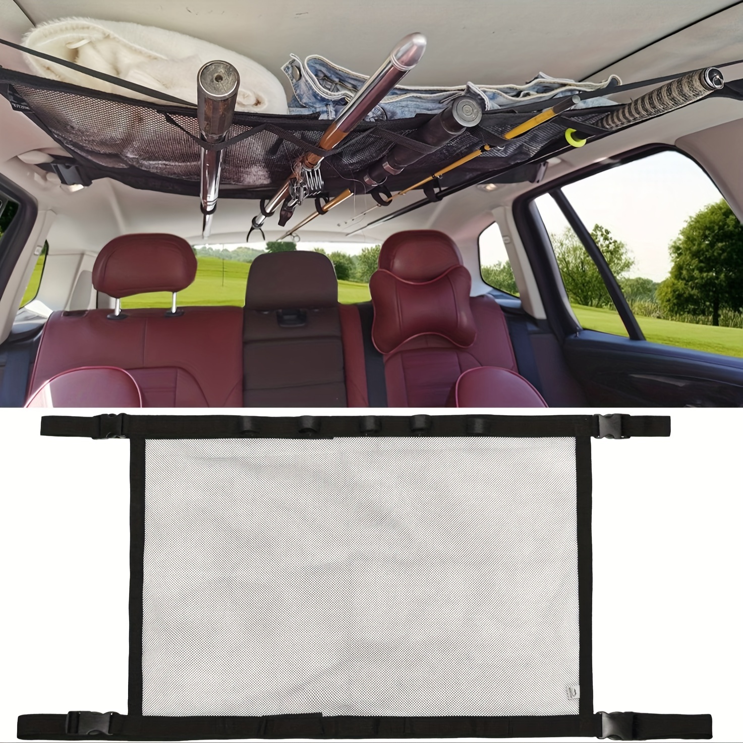 

Car Fishing Rod Holder, Car Roof Storage Net, Vehicle Ceiling Roof Fishing Pole Storage Mesh, Portable Polyester Mesh Organizer For Long Travel Fishing