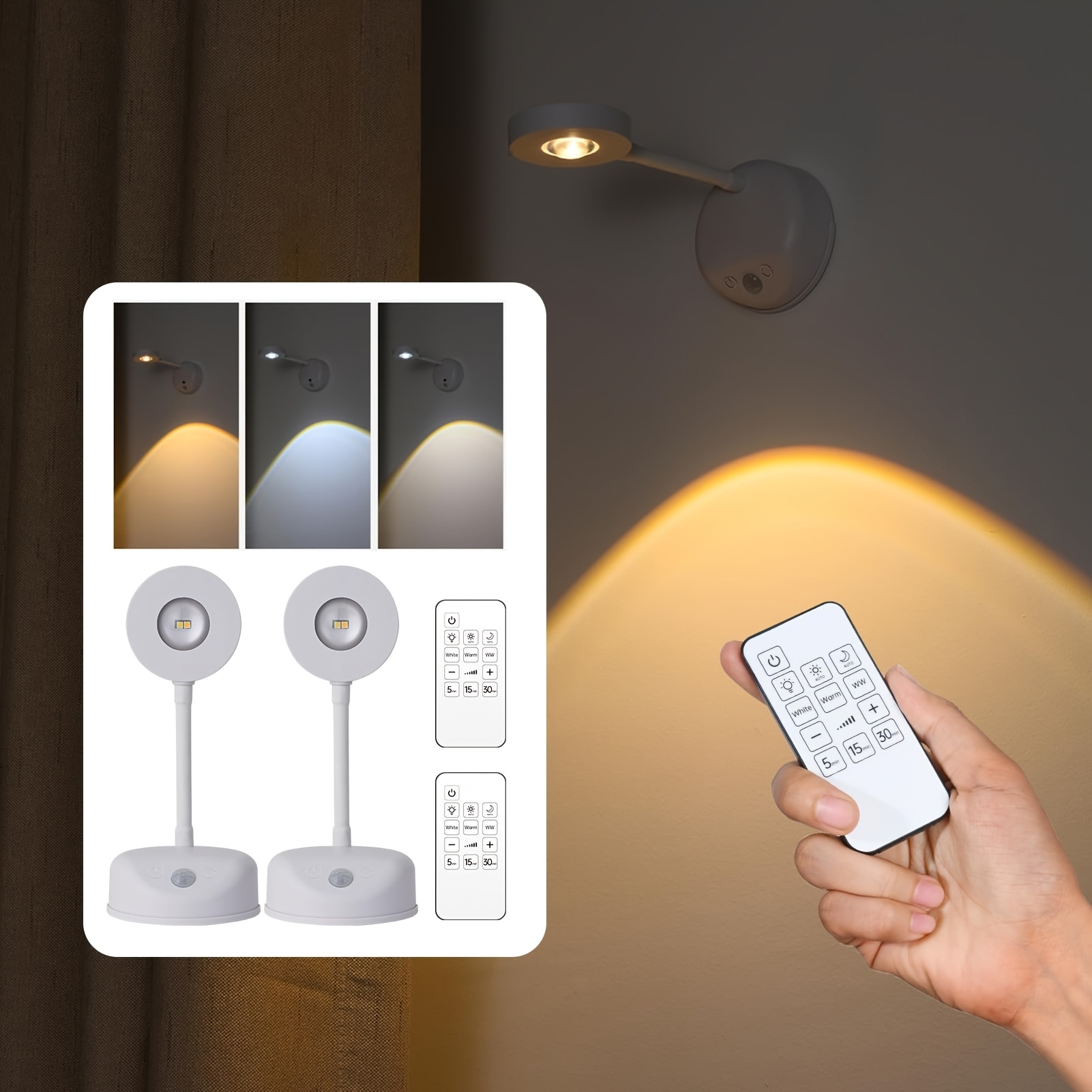 TEMU 2pcs Rechargeable Led Wall Lamp With Motion Sensor, Smart Led Spotlight, Dimmable& Color Changing, Touch & Remote Control, Wireless Wall Lights For Bedroom, Hallway, Picture Lighting