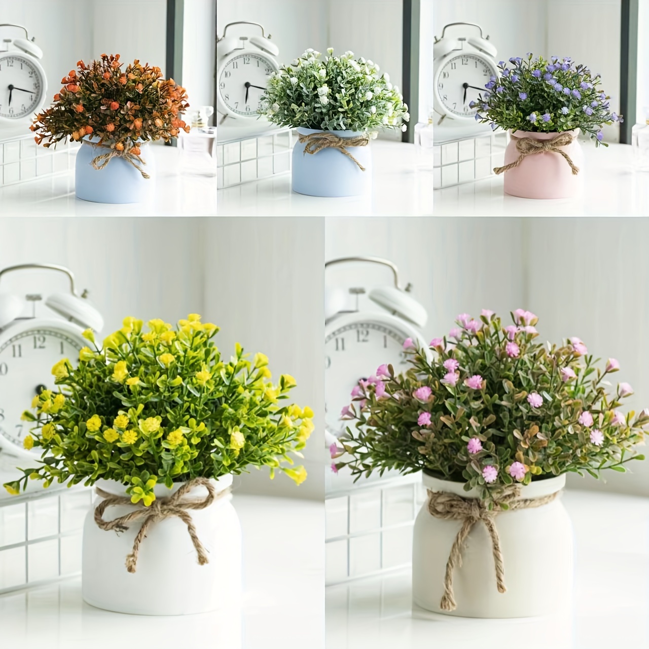 Image of Set Of 5 Artificial Gypsophila Plastic Flowers, Colorful Potted Faux Flowers For Office And Home Decor, Suitable For Bookshelves, Desktops, And Bathroom Indoor Decoration