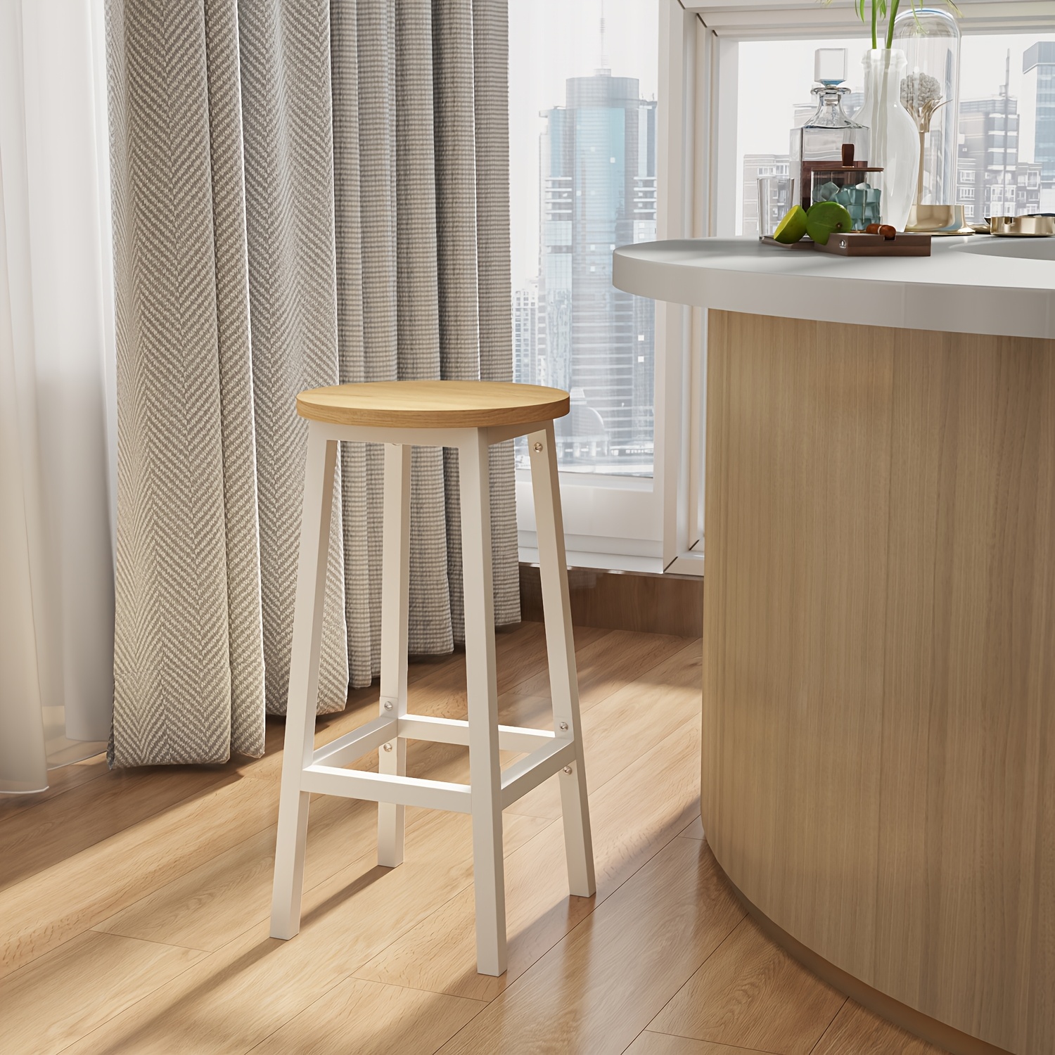 Image of Set Of 2 Bar Stools, Featuring A Metal Frame, Suitable For Kitchens, Living Rooms, And Dining Areas, 65 Cm Tall With A Footrest, In Oak Beige-white, Easy To Assemble