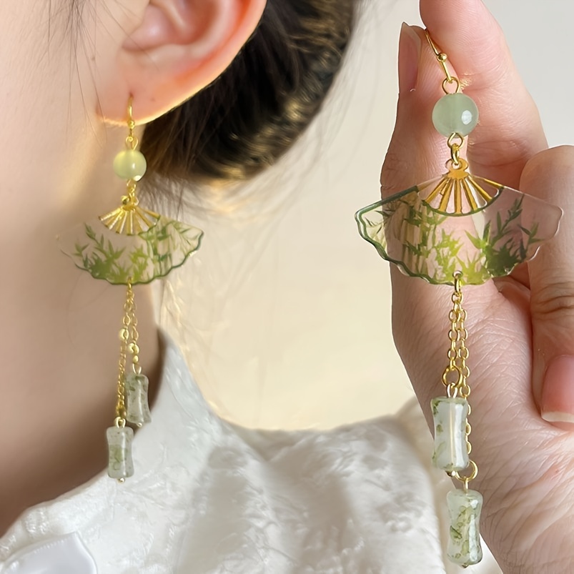 

Chinese Style Transparent Folding Fan And Bamboo Dangle Earrings Set, Medieval-inspired Drop Earrings For Women, Asian-inspired Hanfu Accessory, No Power Required