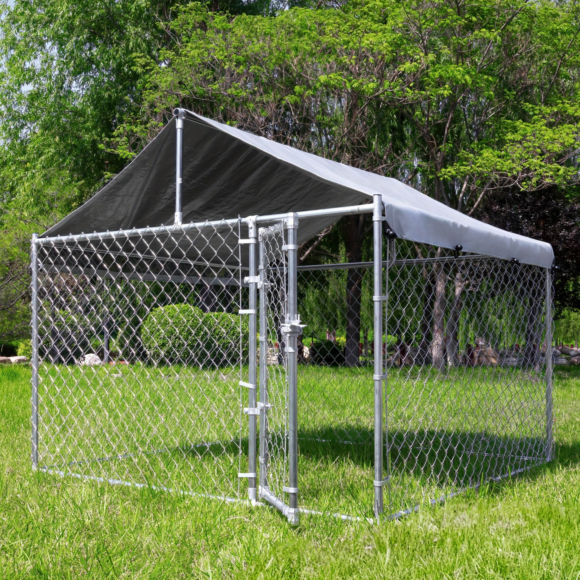 

Outdoor Dog Kennel With Roof, Large Enclosure, Outside Heavy Duty Dog Pens House Pet Playpen With Galvanized Chain Link Waterproof Cover And Lock (6.76'lx6.76'wx5.64'h)