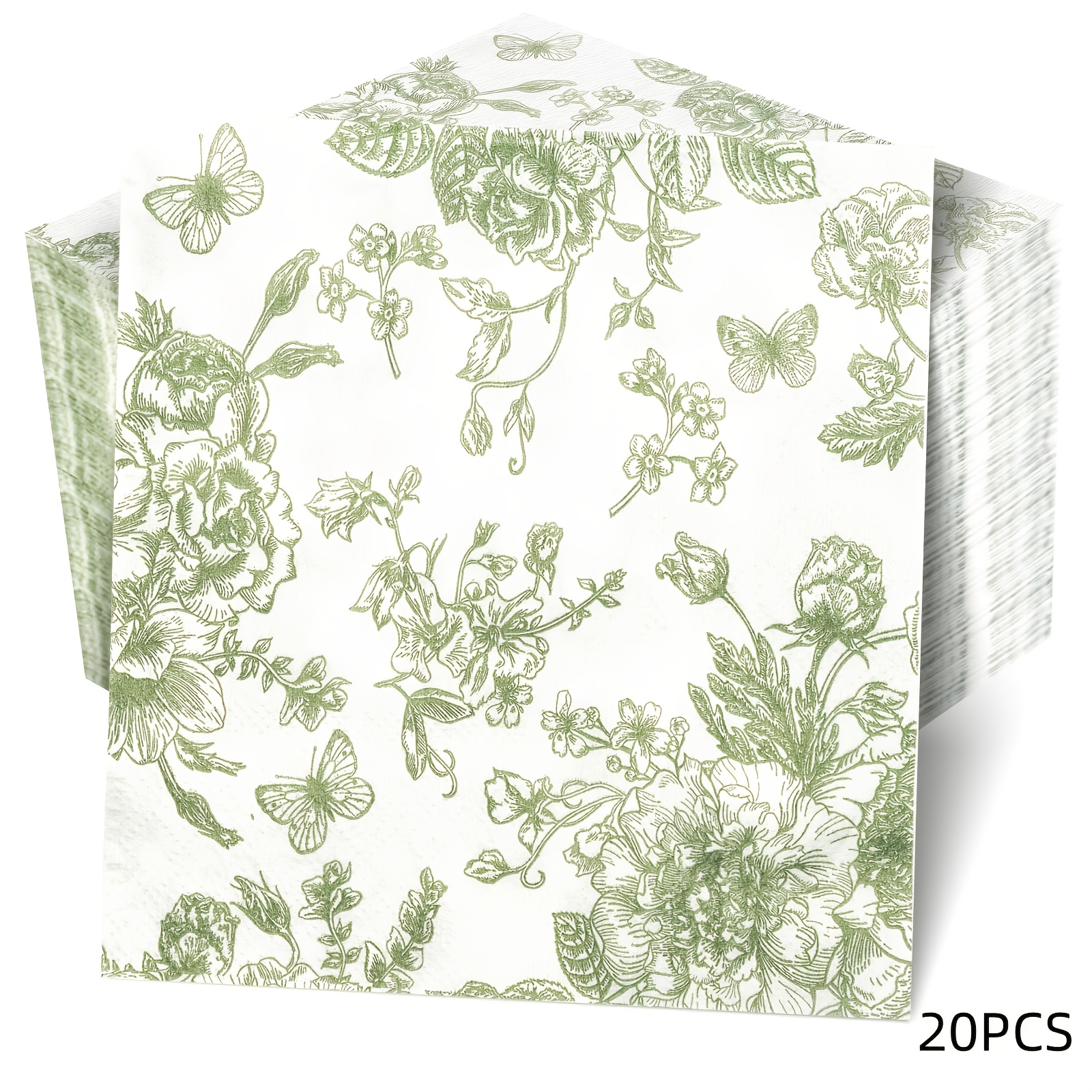 TEMU 20pcs(5*5inch) Sage Green Floral Napkins Beverage Napkin Disposable Green Paper Dinner Napkin Fancy Decorative Flower Guest Hand Towel For