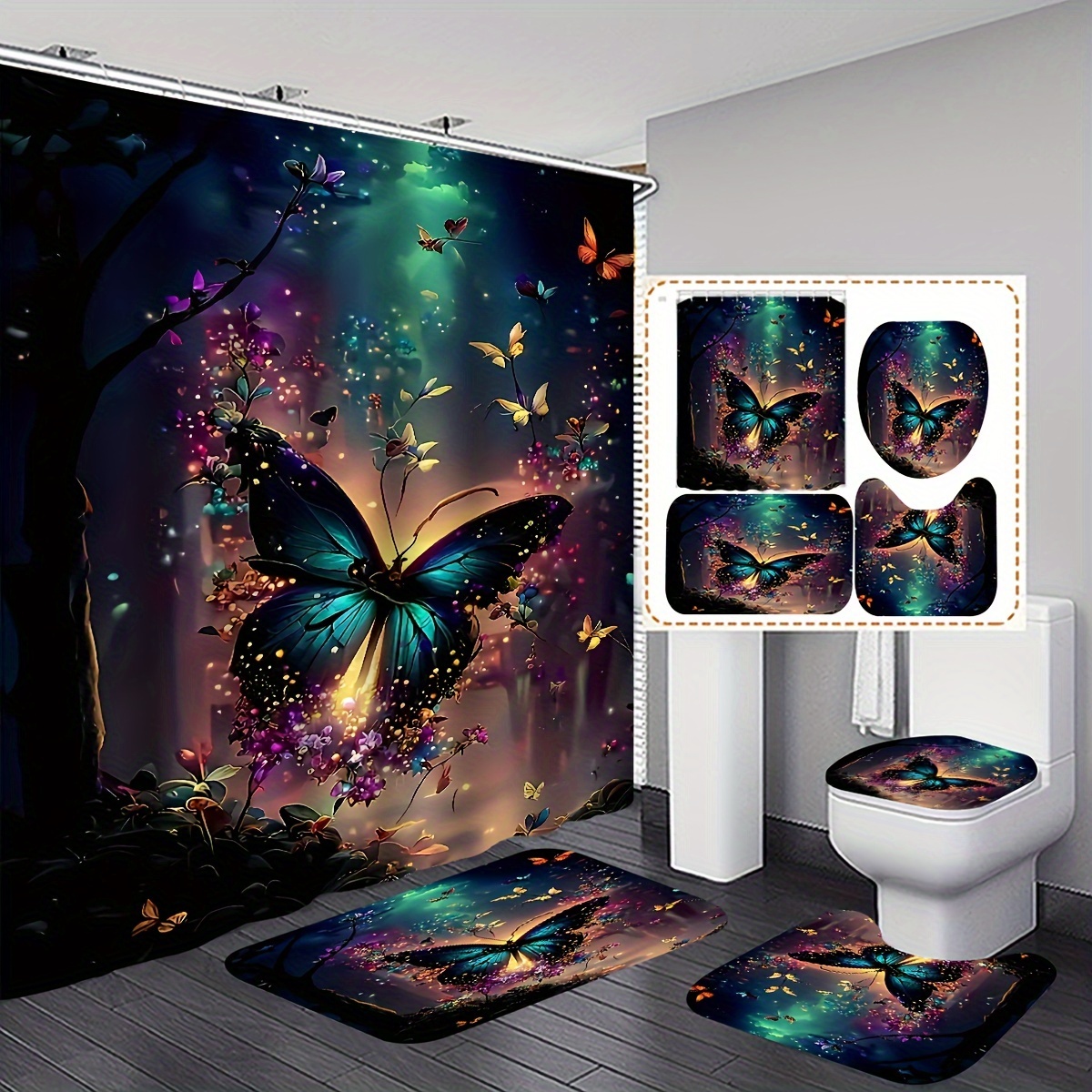 

4pcs Dream Butterfly Pattern Shower Curtain Set, Shower Curtain With 12 Hooks, Non-slip Bath Mat, U-shaped Toilet Mat, Toilet Mat, Bathroom Decor Accessories