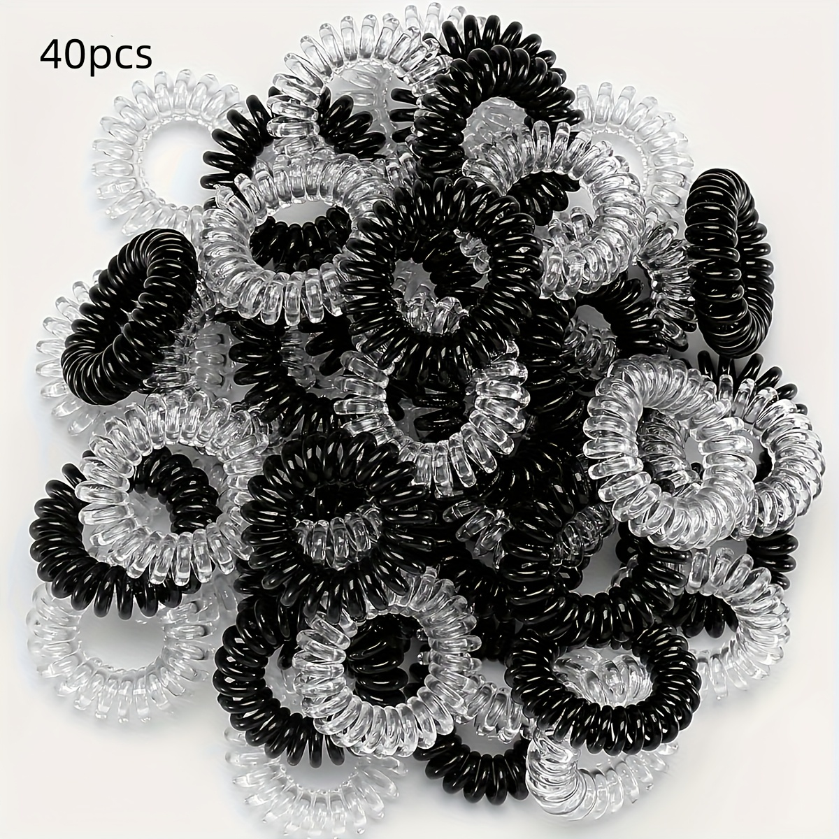 E-shop 40 Stück elastische Spiral-Haargummis für Damen - Klar und Schwarz Harz Elastik, keine Falten, lockige Haare, Pferdeschwanz-Clip, kleine