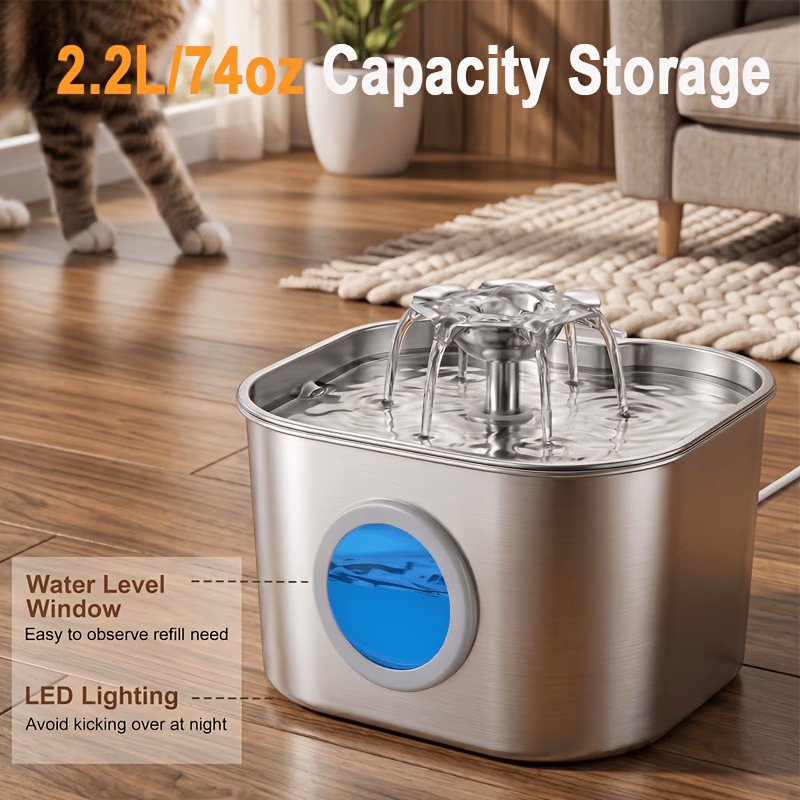 2 2l durable stainless steel cat water dispenser with water level window usb plug in pet fountain for machine 3 filters machine 7 filters Product details 3