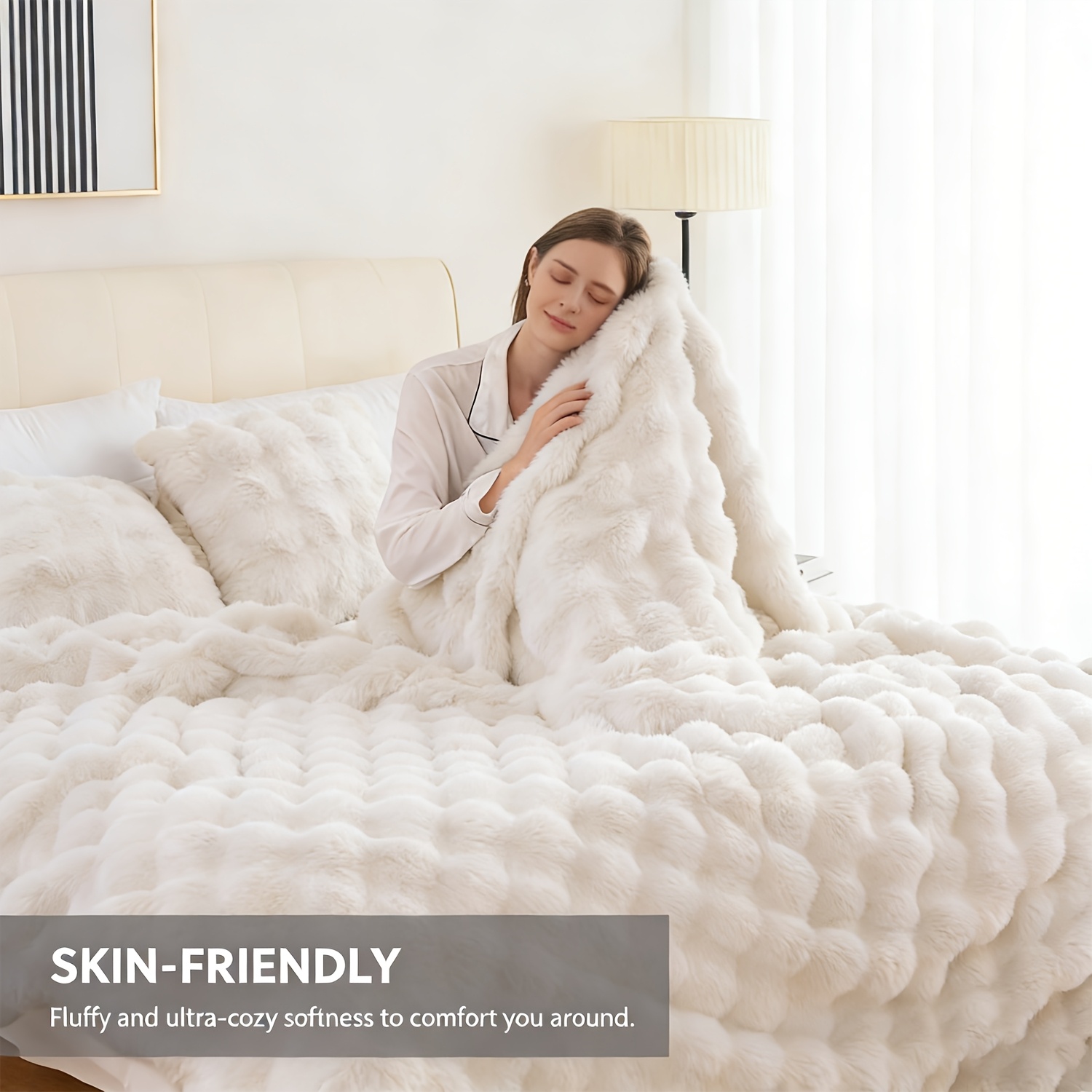 TEMU 90*108in Faux Rabbit Fur Blanket | 3d Bubble Textured Throw, Oversized Thickened Warm Plush For King Queen Bed & Sofa, , Gift For Adults &