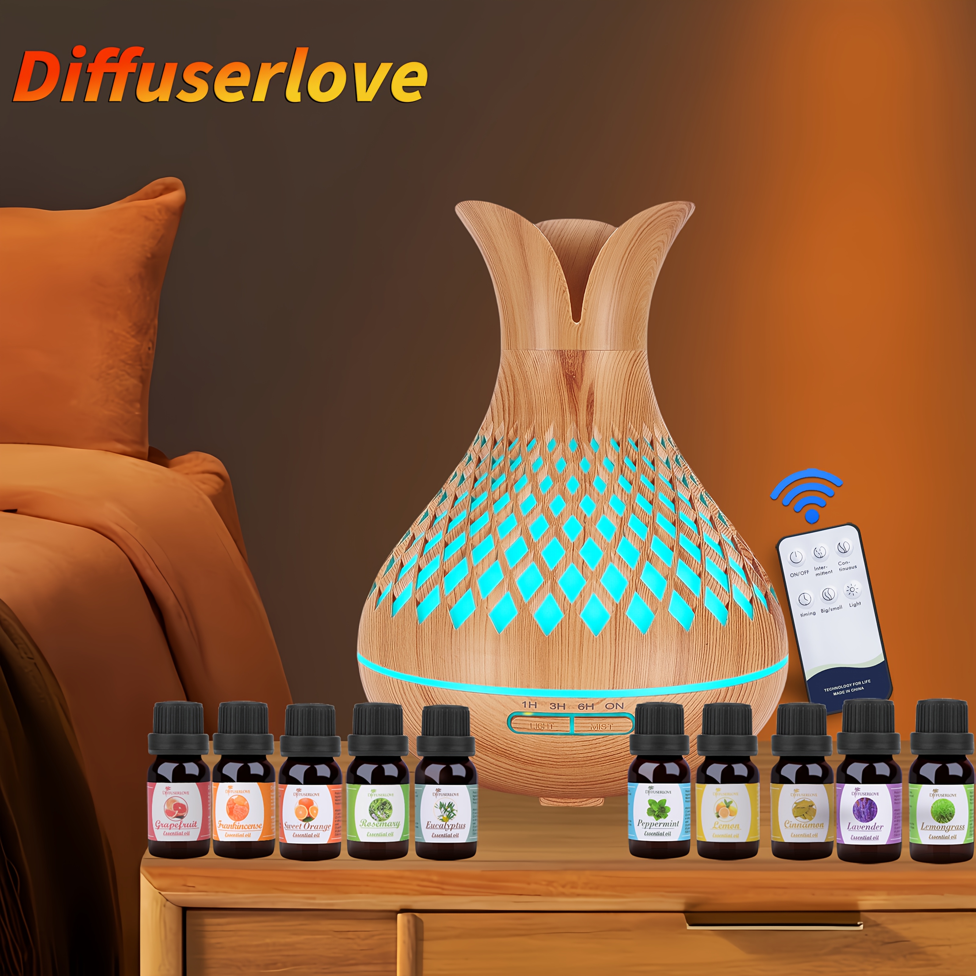 

500 Ml Essential Oil Diffuser With 10 Bottles Of Essential Oils, Natural Evaporative Humidifier With Remote Control, With 7 Colour , Timer And Auto-off , For Large Rooms And Home Offices (wooden )