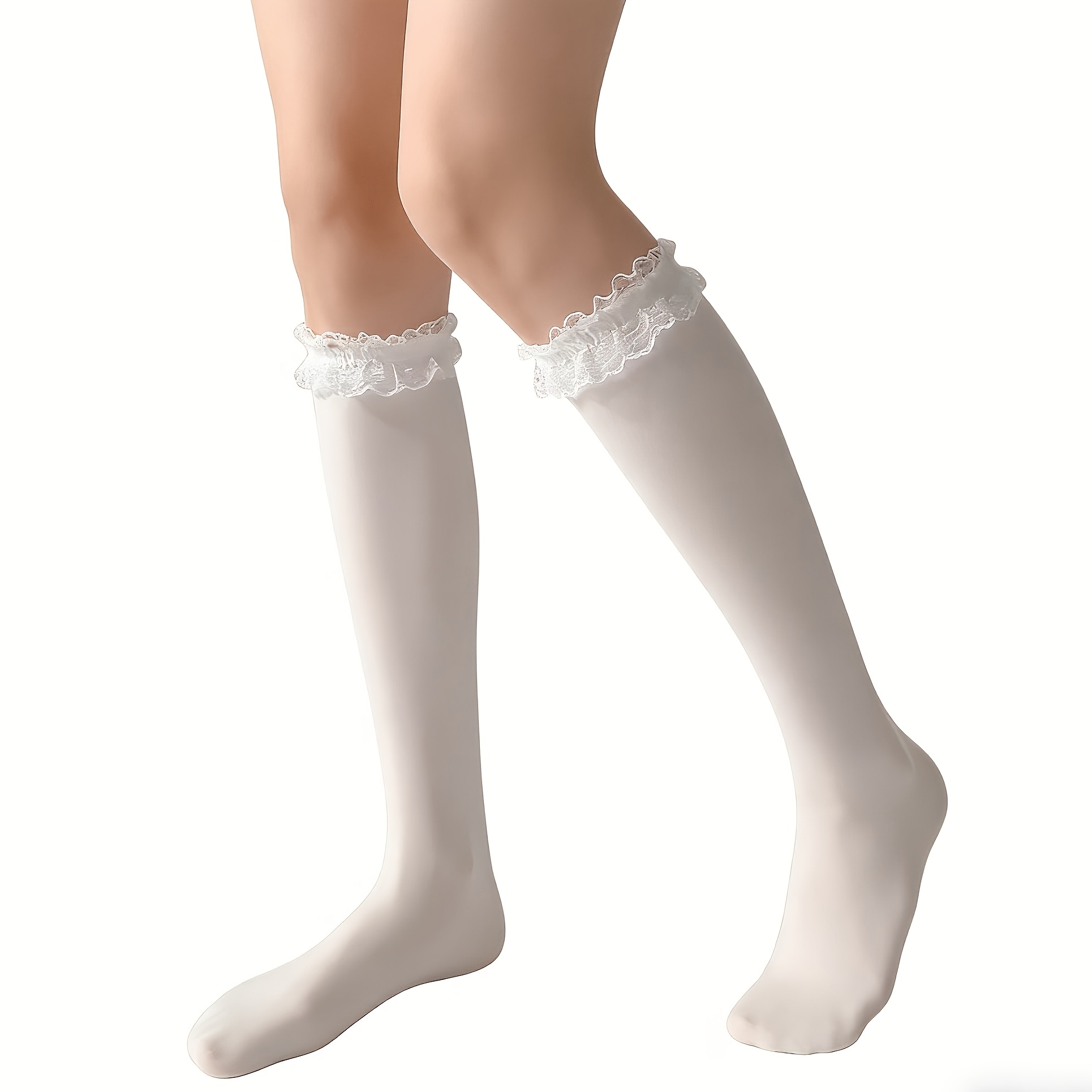 TEMU Chaussettes And à bordure en dentelle blanche, chaussettes montantes micro-pression haute élasticité et style doux, chaussettes longues