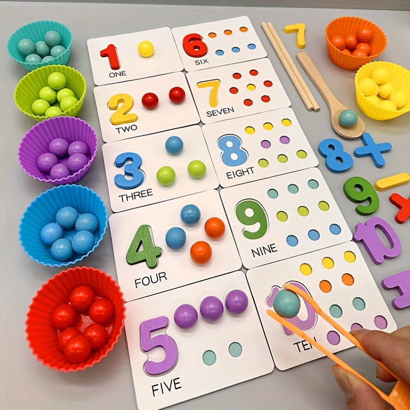 

Wooden Number Matching Puzzle Game With Colorful Beads And Tongs For, Early Educational Counting Toy, Fine Motor Skills Development For 3+