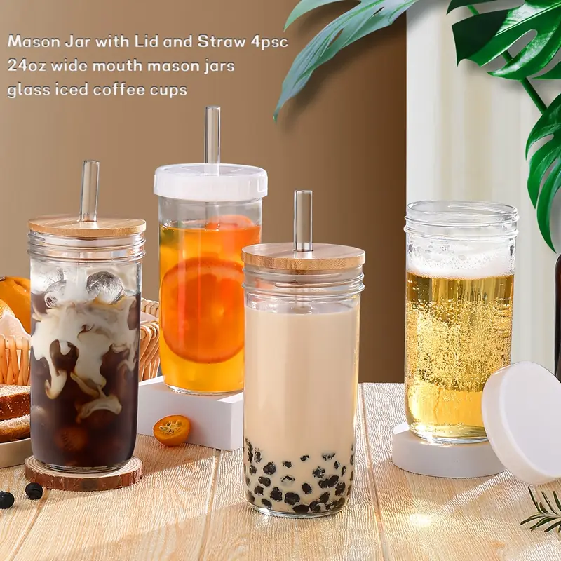 4 caviar cups large capacity glass cups with straw and bamboo lid 24oz mason cups straw milk tea cups car ice cups suitable for beverages milk tea beer exquisite gifts Product details 0