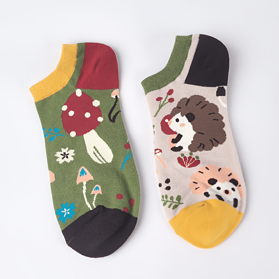 Image of 1 Pair Of Trendy Hedgehog And Mushroom Print Ankle Socks, Suitable For Men And Women