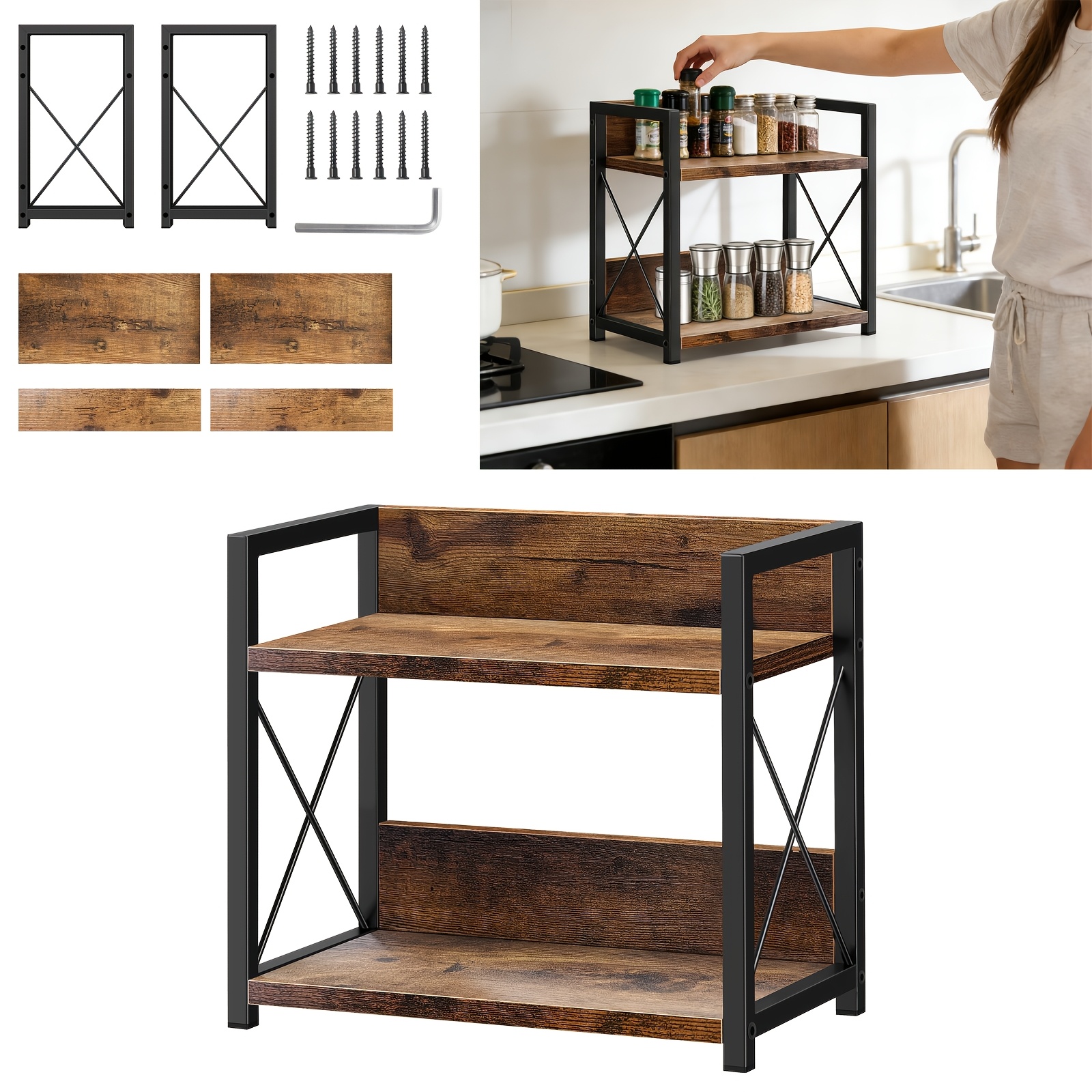 TEMU 2-tier Wood Spice Organizer - Rustic Countertop Storage With Space-saving Two-tier Shelves Suitable For Kitchen, Office, Dining Table, Desktop -