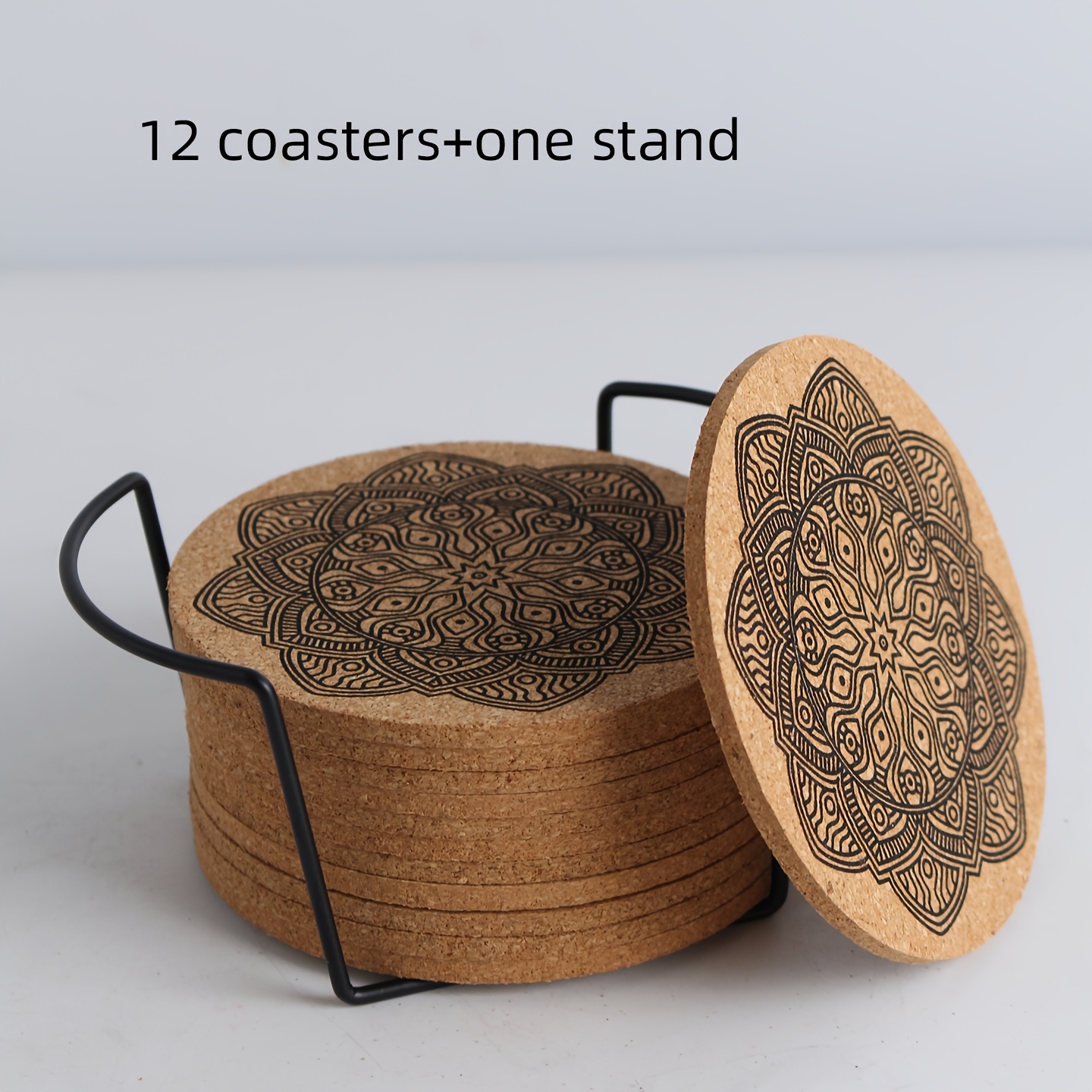 Image of Cork Coaster With Stand, Round Simple Floral Pattern Non-slip Heat-resistant Trivet, Tabletop Decor, Suitable For Dining Room, Living Room, And Bedroom, Home Decor, Home Goods