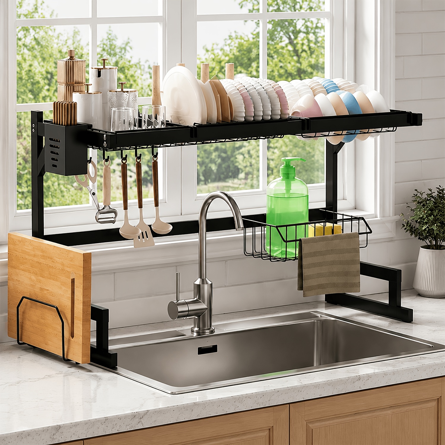 Double-layer Large Tableware Drying Rack, Kitchen Storage Rack, Equipped With Tableware Cylinder, Hooks And Cutting Board Rack; Space- Countertop Drying Rack, Suitable For Kitchen Countertops