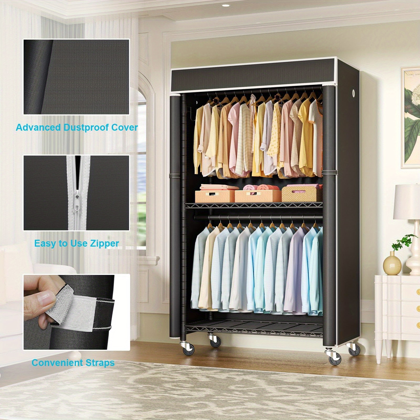 Portable Closet Clothes Storage Rack With Cover Heavy Duty