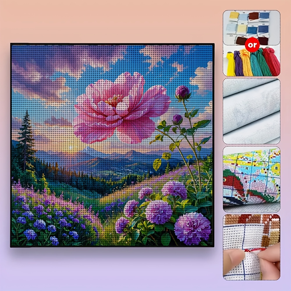 DIY Cross-Stitch Printed Kit, Giant Flower Landscape at Dawn